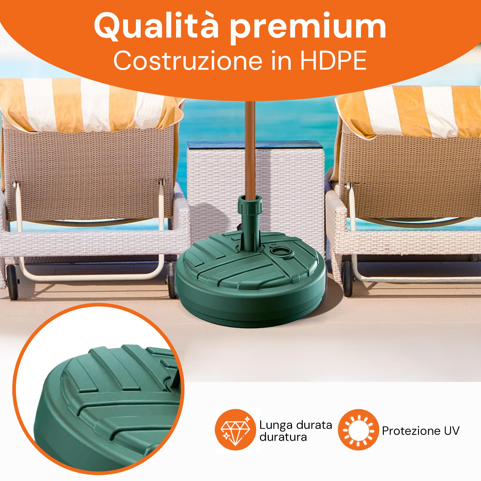 GARDENIX Base per ombrellone, Rotondo, Bianco, Effetto Rattan, in plastica, riempibile con Sabbia, Acqua, Ghiaia in Giardino, Spiaggia, terrazzo, portaombrelli