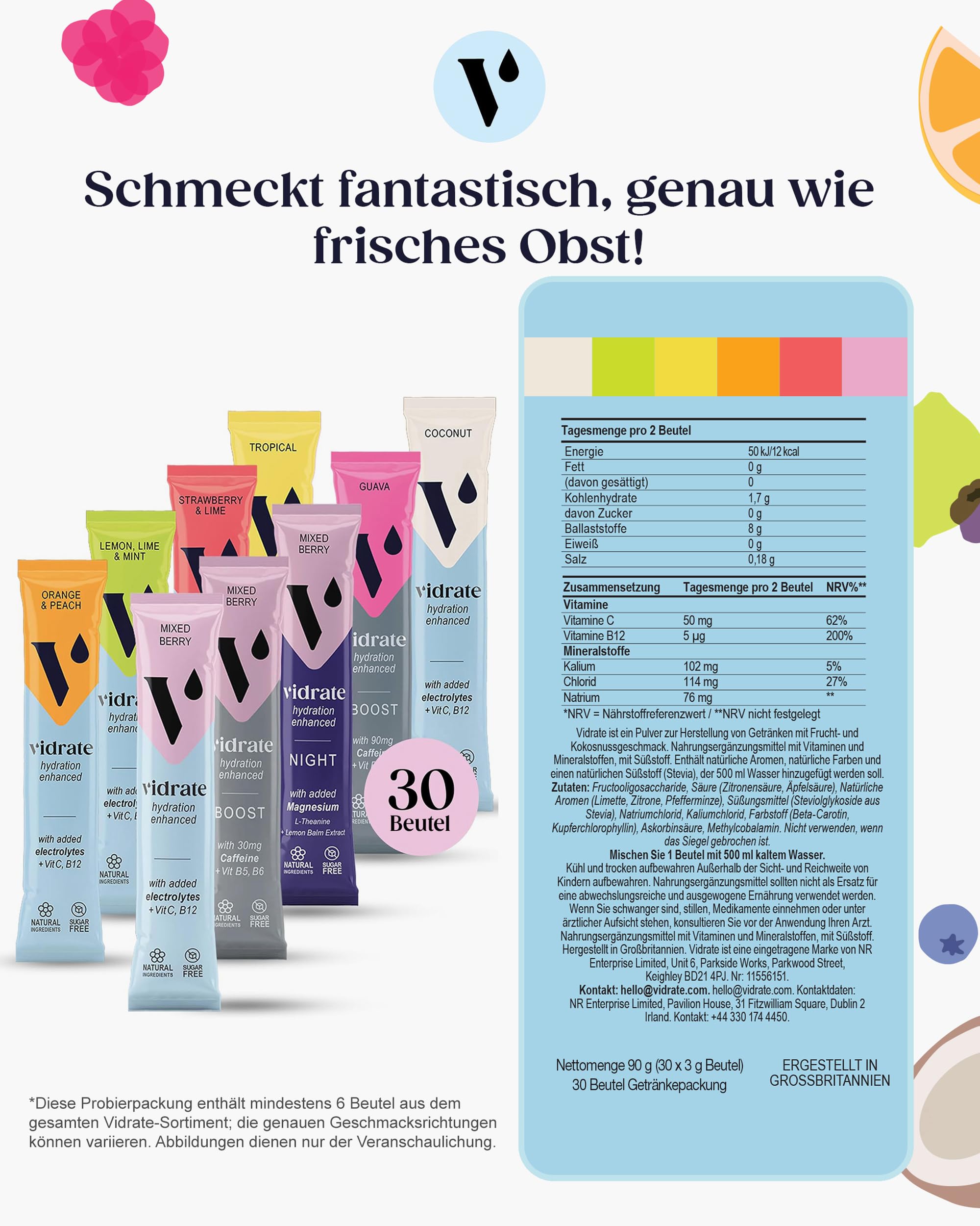 Vidrate Aromatisiertes Elektrolyt-Pulver ohne Zucker - Nährstoffreiches Elektrolytgetränk mit Vitaminen & natürlichen Inhaltsstoffen für Erwachsene - 30er-Sortimentpackung Hydrations-Pulver-Sachets