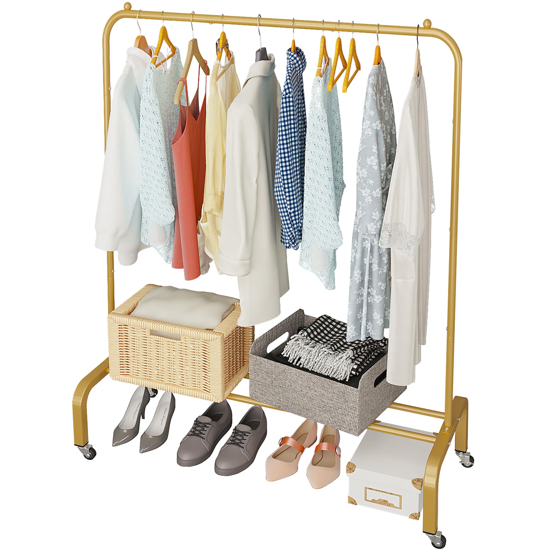 JIUYOTREE Metal Clothing Rack with Wheels 43.3 Inches Rolling Clothes Garment Coat Rack with Bottom Shelf Clothing Rack for Hanging Clothes Coats Skirts Shirts Sweaters Gold