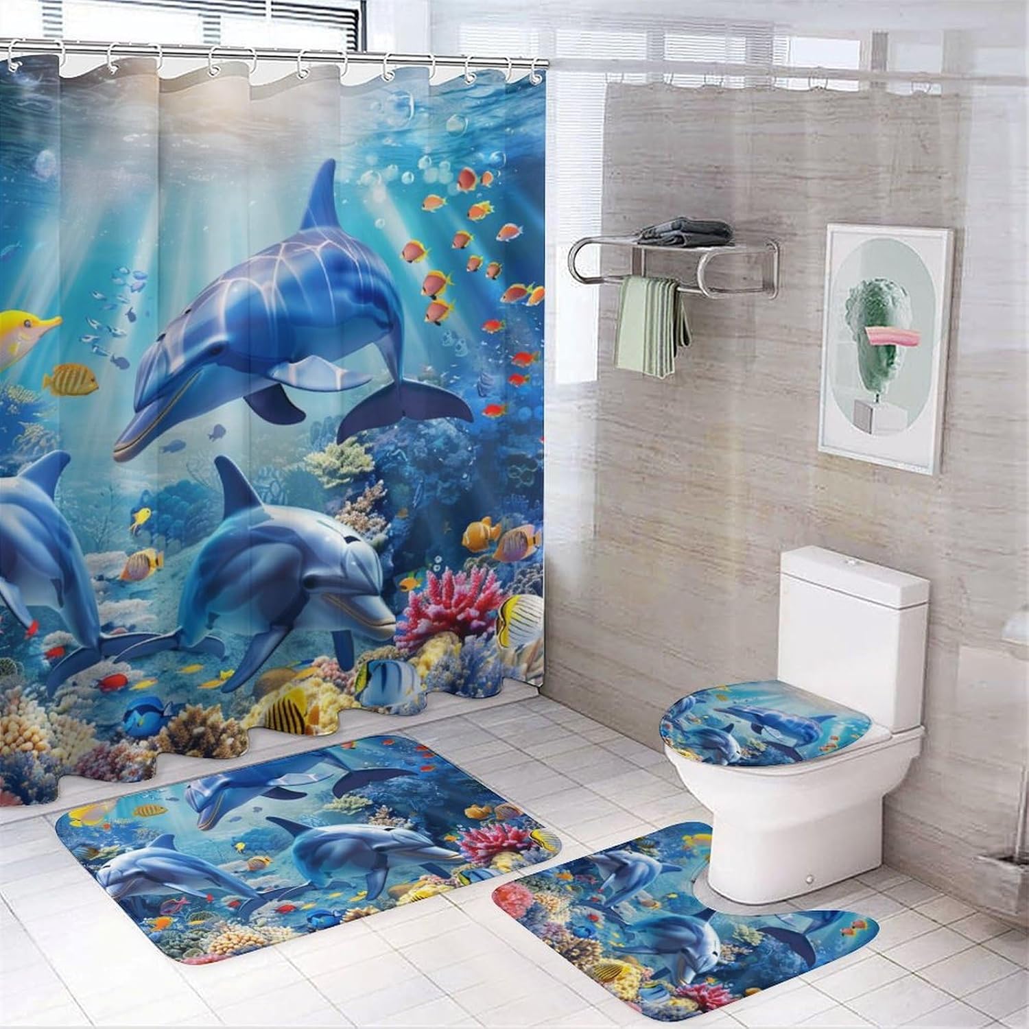 4Pcs Sea Dolphin Shower Curtain Set, Blue Ocean Fish Coral Reef Bathroom Decor Set with Rug Bathroom Accessory Bathroom Curtain Shower Set, 72" x 72"