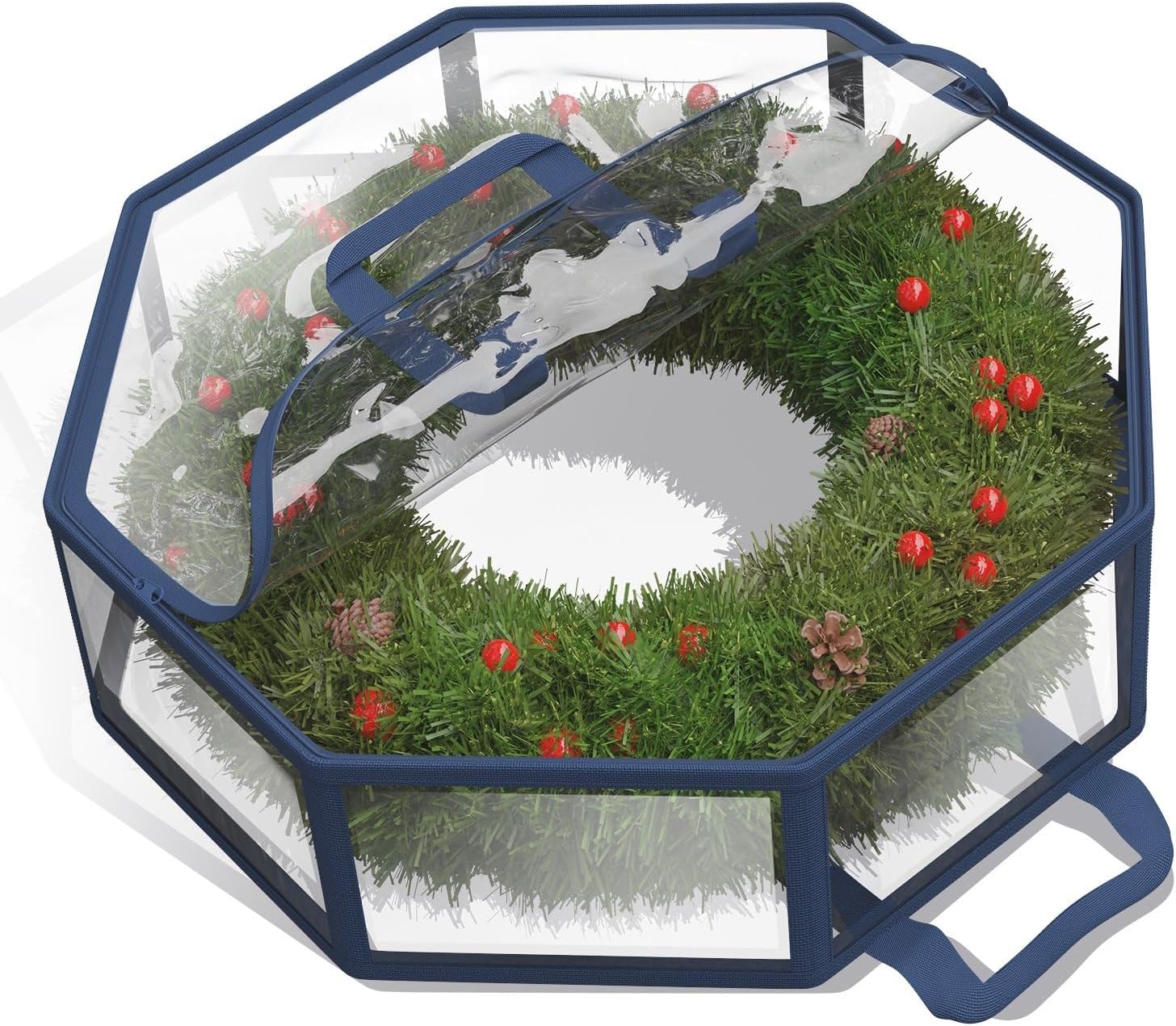 Clear Window Wreath Storage Bag with Handles, Heavy-Duty Blue Zippered Organizer for 24" Holiday Wreaths, Dust & Moisture Resistant