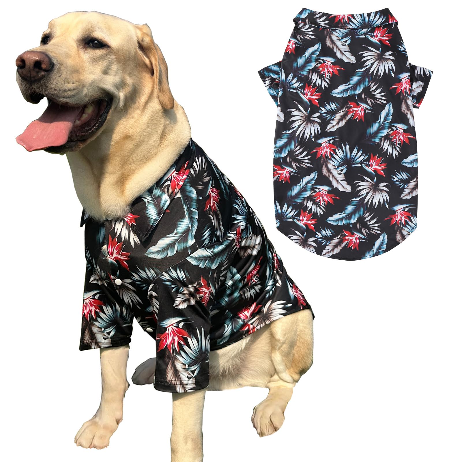 Dog Hawaii Shirt Black Leaf Prints Polo T-Shirts Breathable Cool Beach Style Summer Dogs Clothes for Dog Boys Girls Shirt （Large, Black）