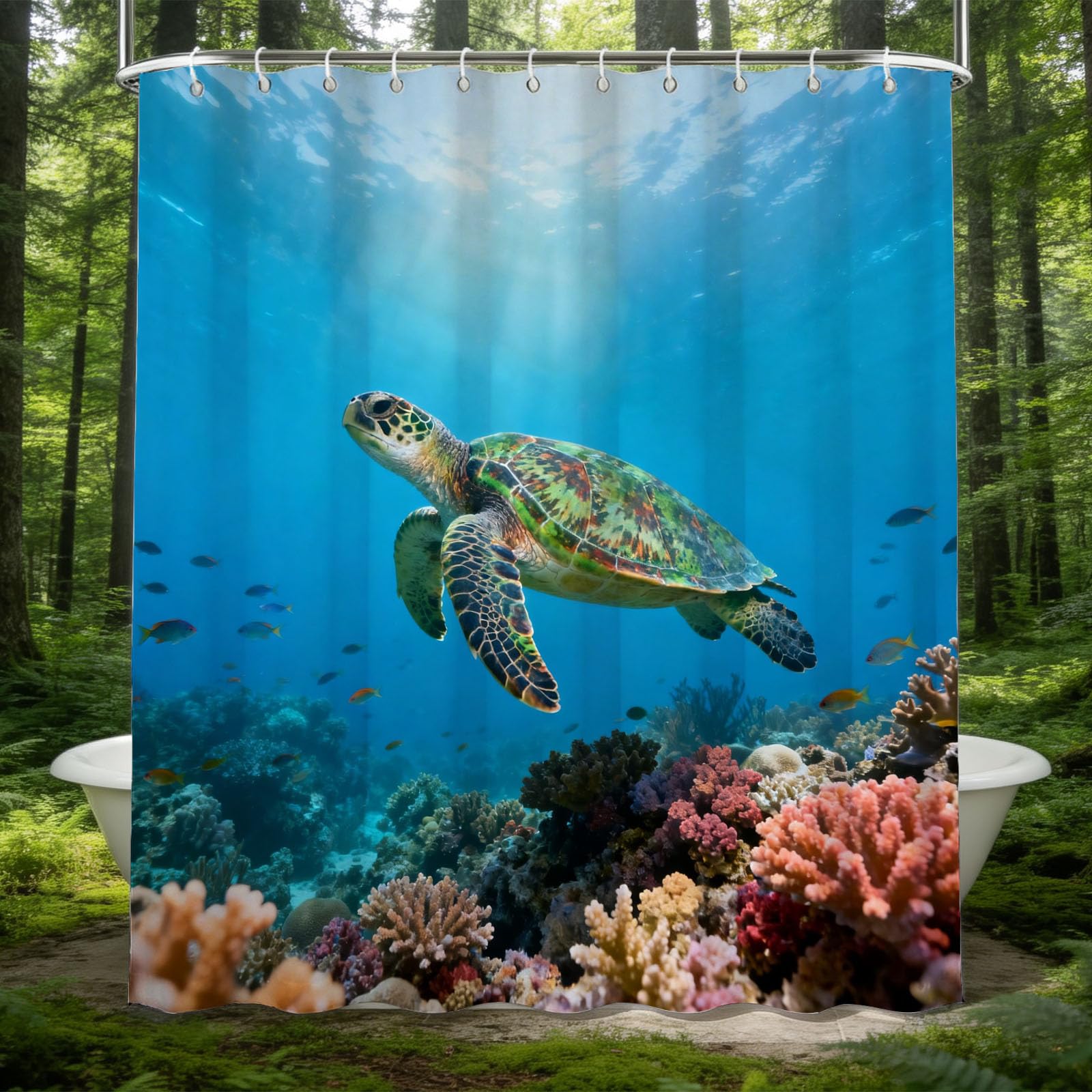 Hongduo 3D Turtle Ocean Shower Curtain for Stalls Bathtubs Coral Bathroom Decor Shower Curtain Set Polyester Fabric Waterproof 180x180cm/71X71 Inch with Hooks