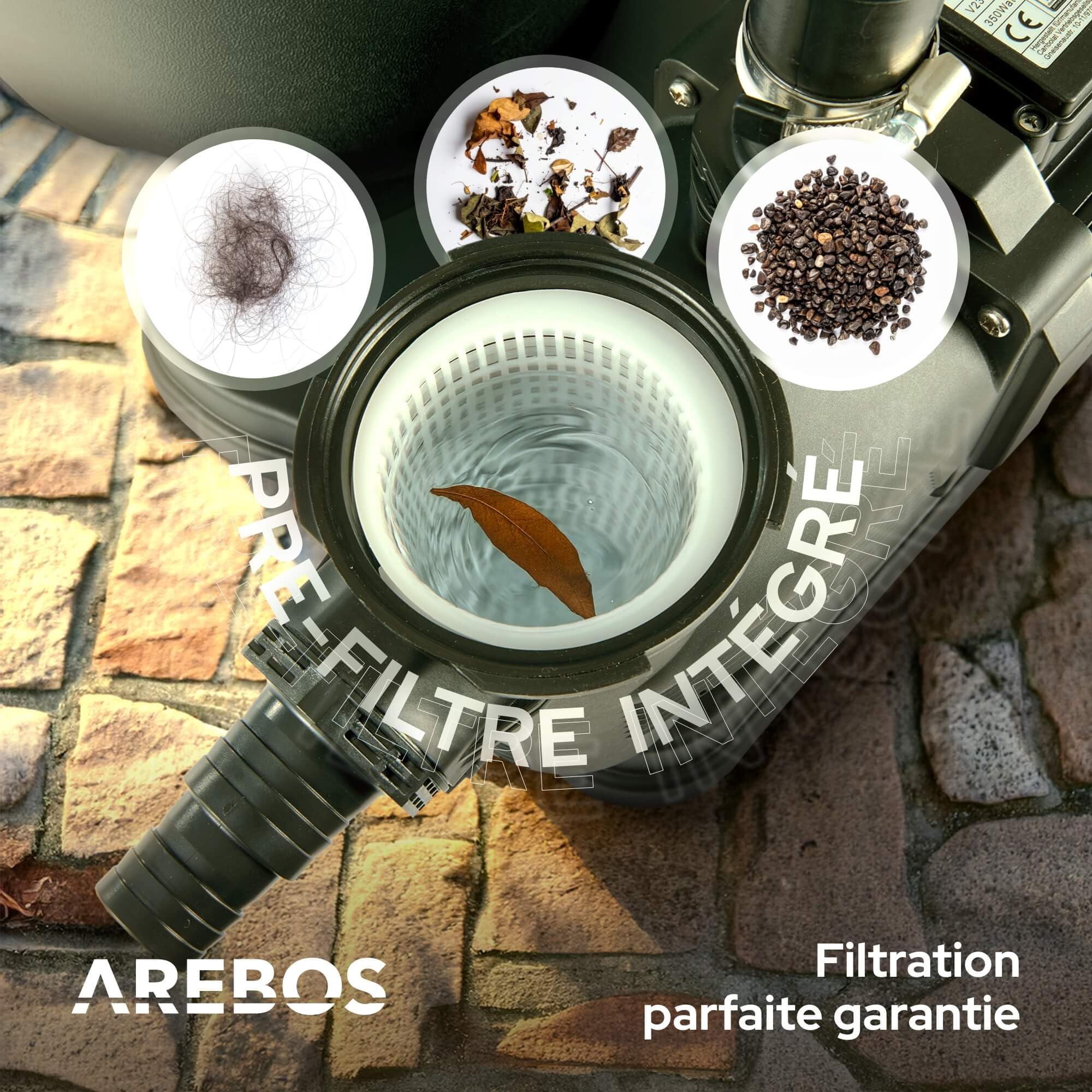 Arebos Système de filtration à sable avec pompe et 600 g de balles de filtration | 350W | 9500 L/h | Capacité du réservoir jusqu'à 20 kg de sable | Vanne à 7 voies avec poignée | Filtre de piscine