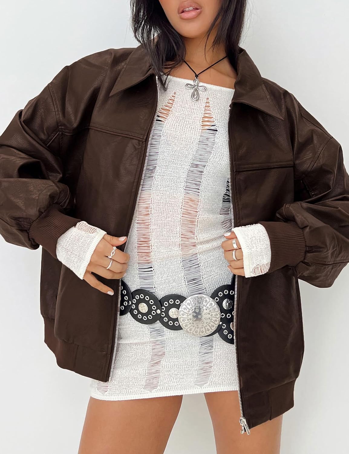 EsheSy Women's Oversized Leather Jacket Faux Suede Boyfriend Motorcycle Full Zip Bomber Jacket - Image 3