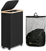 Vista 13 de Cesta de lavandería delgada de 65L, cesta de lavandería estrecha con tapa, cesta de ropa plegable con asas de bambú, cesta de lavandería con bolsa