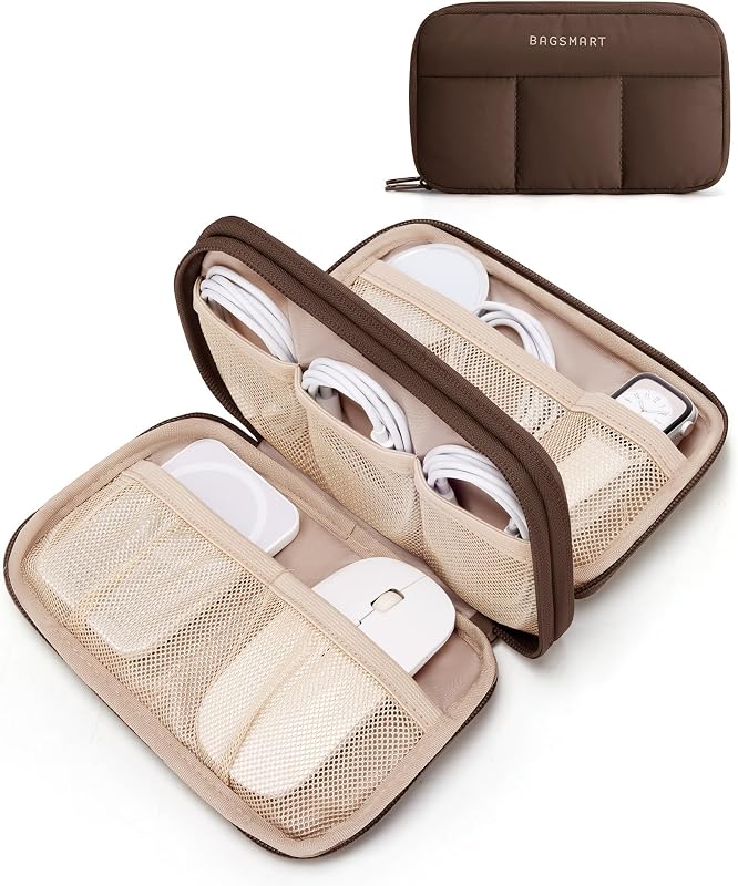 BAGSMART Organizador electrónico para cables, cargadores, teléfonos, café | Puffy Quilted, Travel Essentials, Bolsa organizadora de cables para cables, Bolsa compacta para accesorios tecnológicos