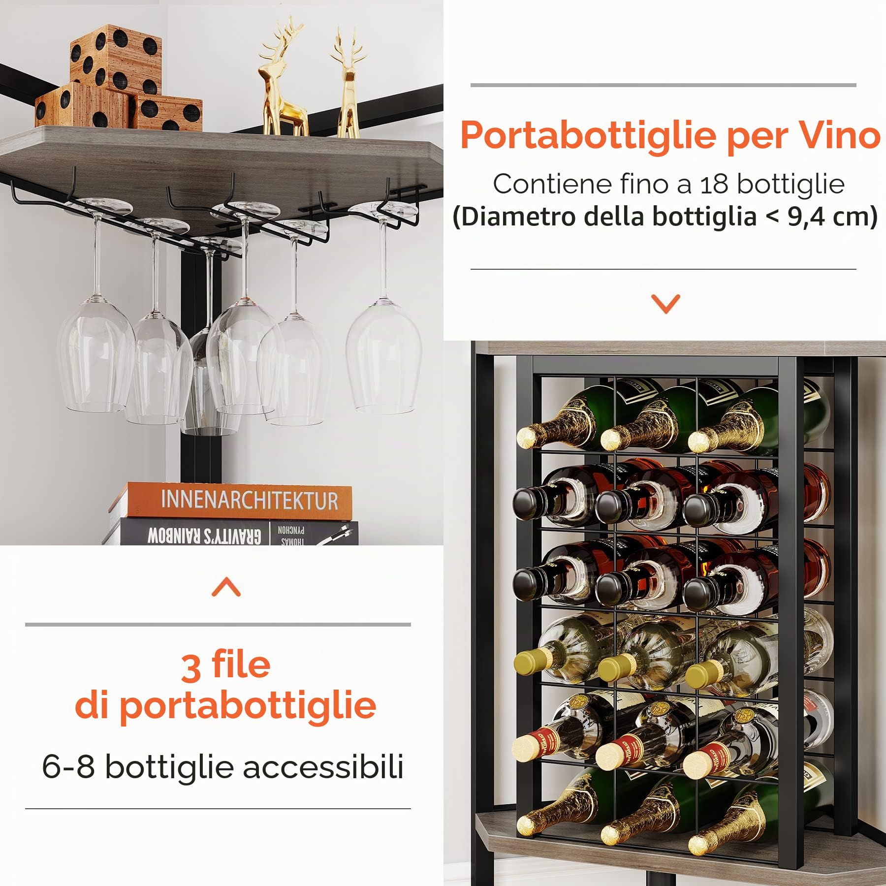 Tribesigns portabottiglia da Terra ad Angolo per Vino con Portabicchiere in Legno da 18 Bottiglie, per Bar, Cucina e Sala da Pranzo, Grigio