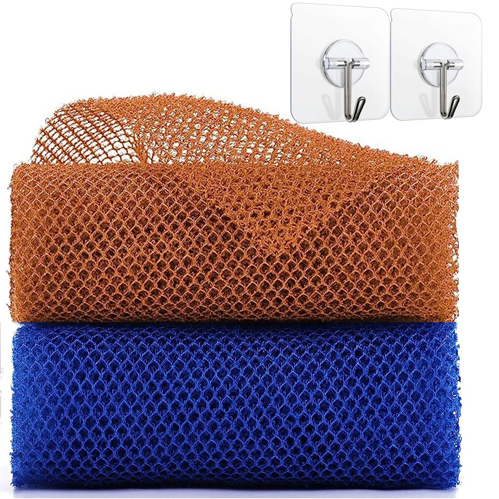 Photo 1 of African Net Sponge with Wall Hooks, 4 Pieces African Exfoliating Net Long (Brown+Blue)