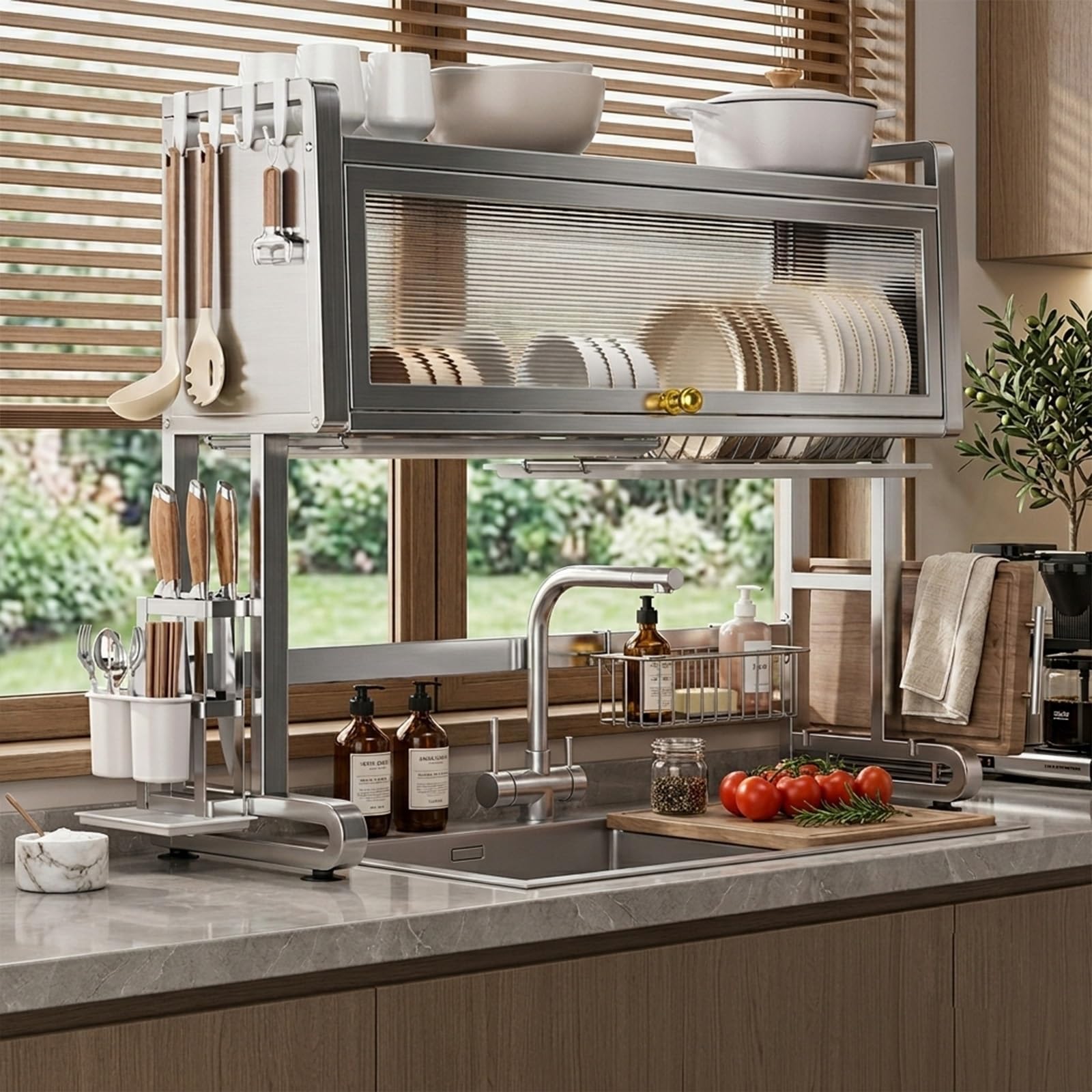 Scolapiatti a 2 ripiani in acciaio inox da 76,2 cm, con coperchio e vassoio antigoccia, organizer salvaspazio da cucina per piccoli appartamenti, resistente alla ruggine, facile da pulire