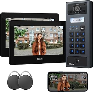 GOLIATH Basic 2-Draht Bus Video-Türsprechanlage, Full-HD, App-Steuerung, 2X 7 Zoll Monitore in Schwarz, RFID & Keypad, 1-Familienhaus, Aufputz, AV-BLS-K-02S
