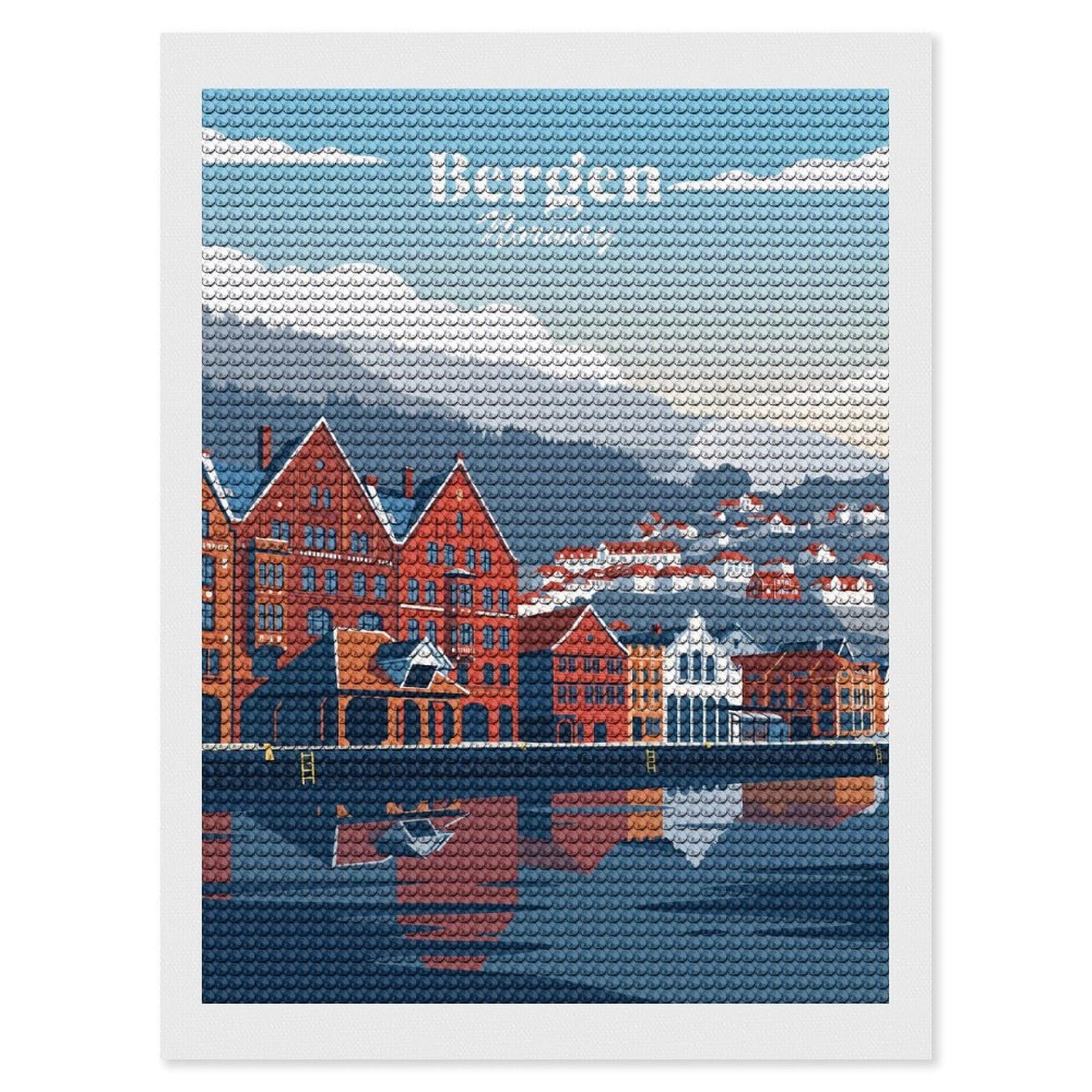 Junmoney Bergen Norway Full Drill Diamond Painting Kit 12"x16", Adhesive Canvas, Aesthetic Room Decor, for Family Craft Time, Birthday Gift