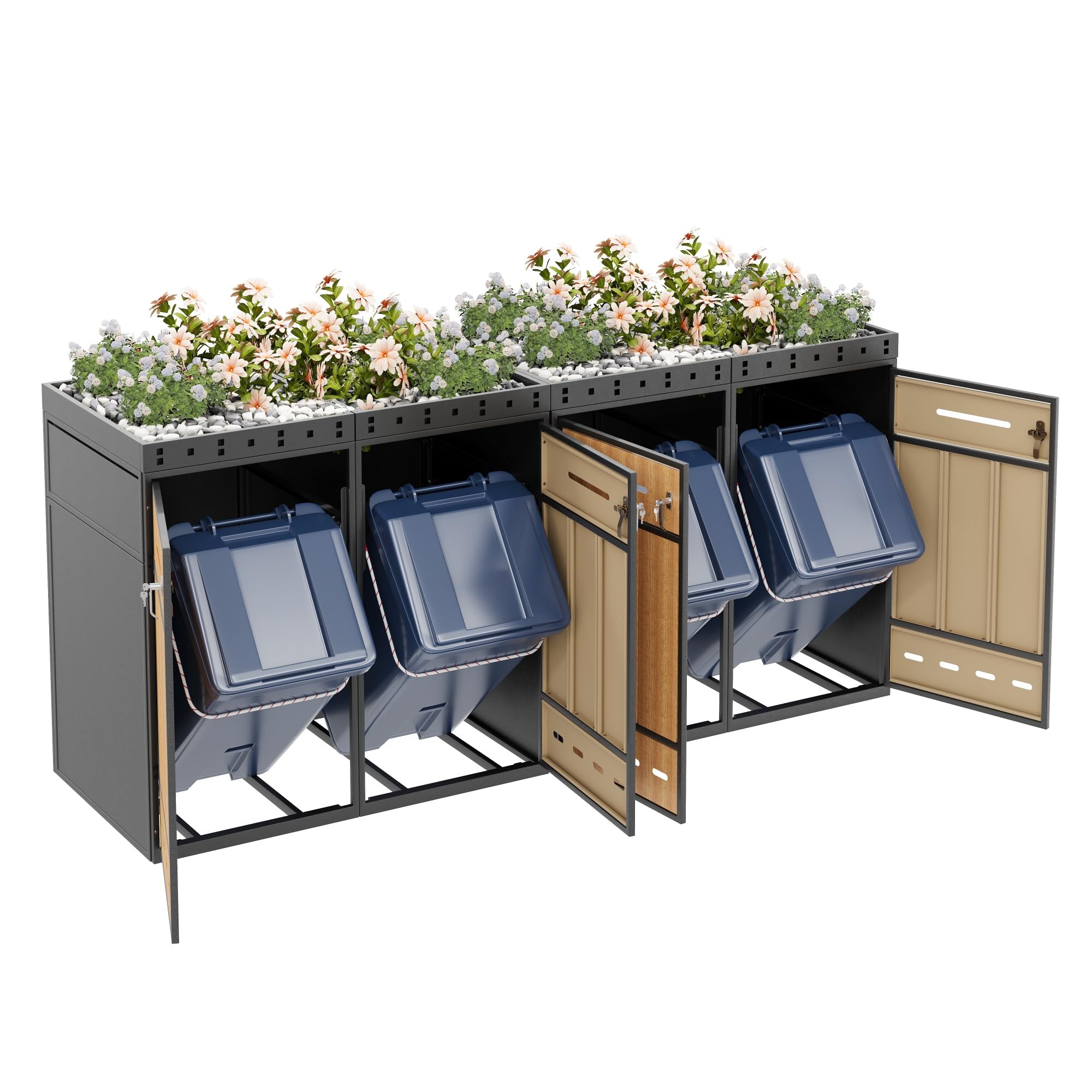 Mülltonnenbox 4er mit Pflanzdach und Türfüllung in Holzoptik 120-240 L, Mülltonnenboxen Mülltonnenverkleidung ist EIN Griff mit Schlüssel Angebracht, Gartenmöbel Müllcontainer, Grau+Holzfarbe