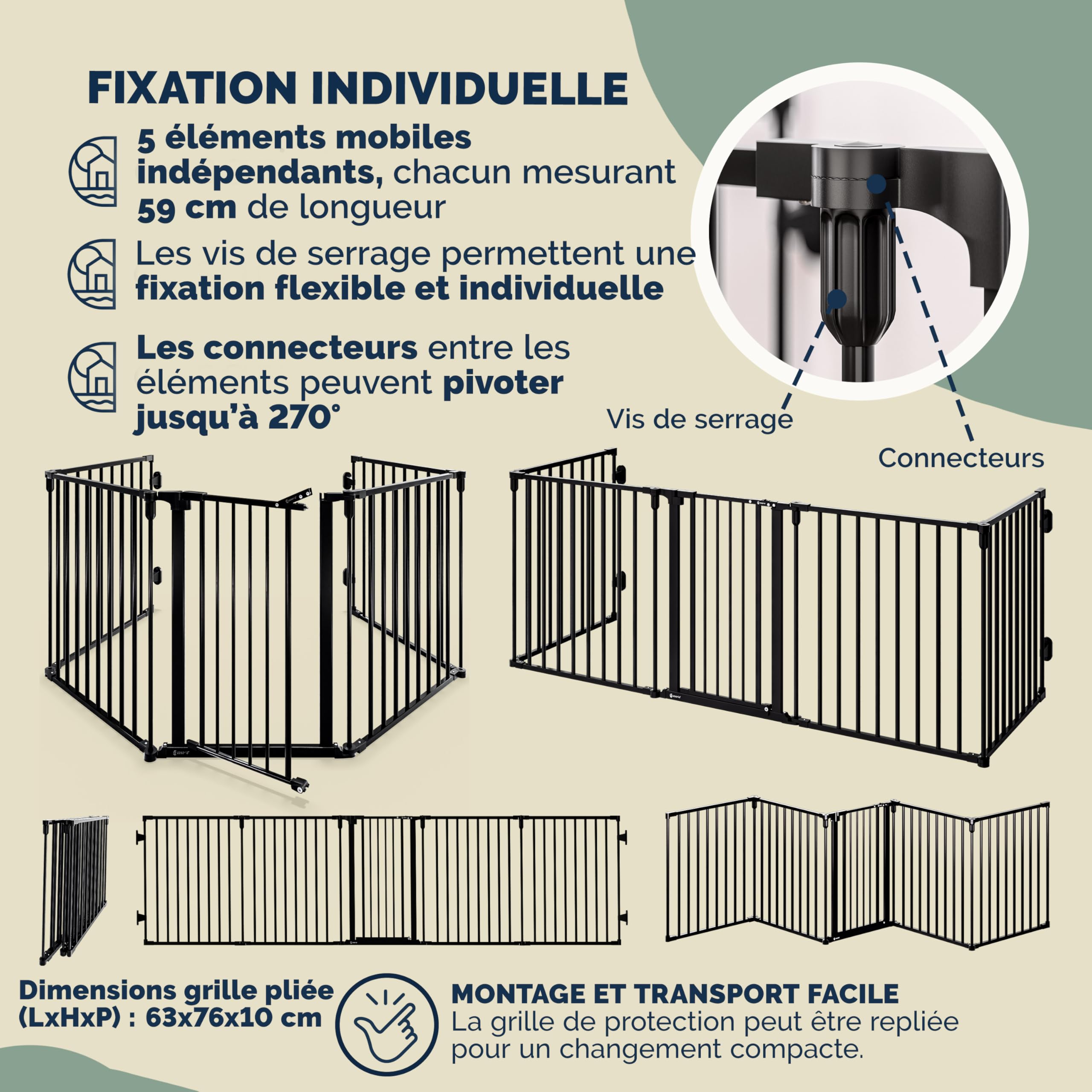 CASARIA® Barrière de sécurité 5 Panneaux modulables Grille de Protection cheminée Parc bébé Cloture Chiens sans perçage et réglable