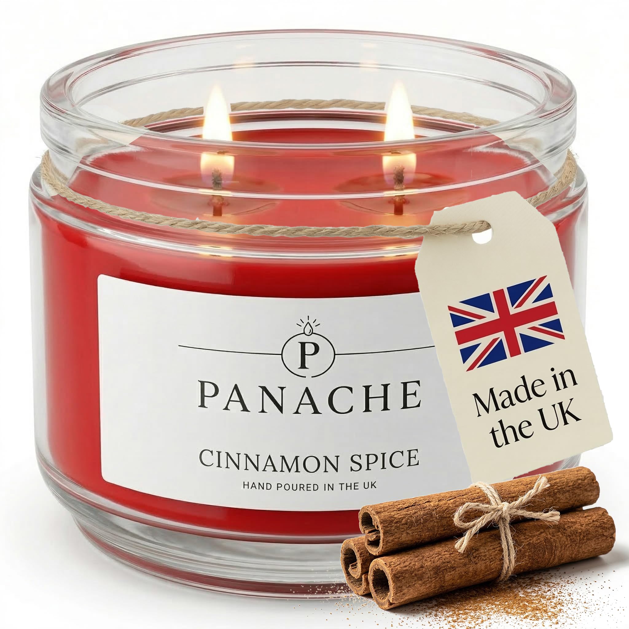 Zan Village Homeware 01 - Cinnamon Spice - Christmas Edition Panache Cinnamon Spice Scented Candle (Christmas Edition) – Double Wick Soy Wax Candle, 48 Hour Burn Time, Hand Poured In Uk, Clean Burning Cotton Wicks, Luxury Glass Jar Candle For Home & Gifts 320G