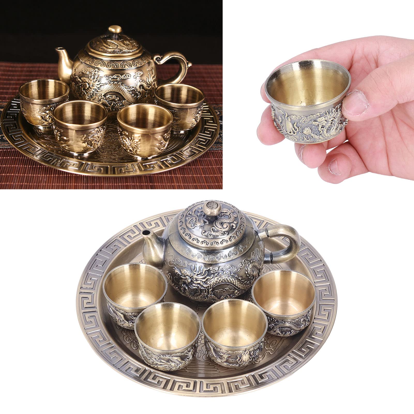 Juego de té marroquí de Aleación de Tetera con Tazas y Platos, Patrón en Relieve, Regalo de Tetera Retro para Decoración de Mesa, con Tótems Antiguos