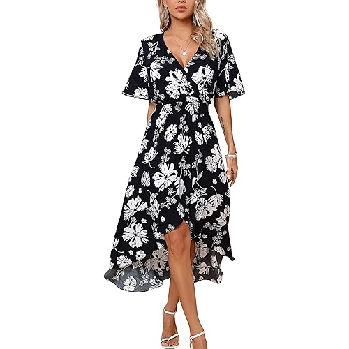 Kormei Womens Short Sleeve Floral High Low V-Neck Flowy Party Long Maxi Dress
