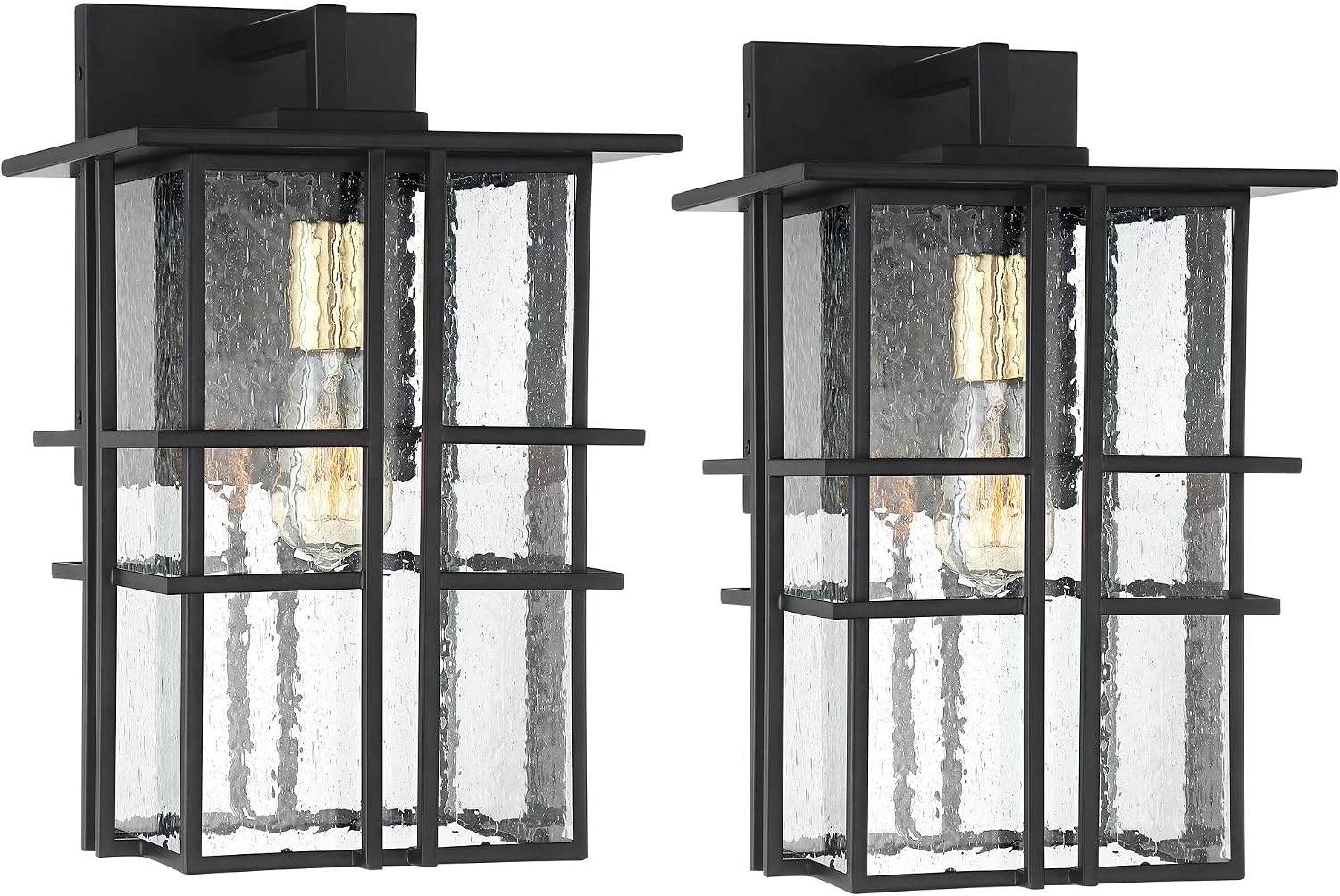 Possini Euro Design Arley Modern Industrial Outdoor Wall Light Fixtures Set of 2 Black Geometric Frame 16" Seedy Glass for Post Exterior Barn Deck House Porch Yard Patio Garage Garden Outside