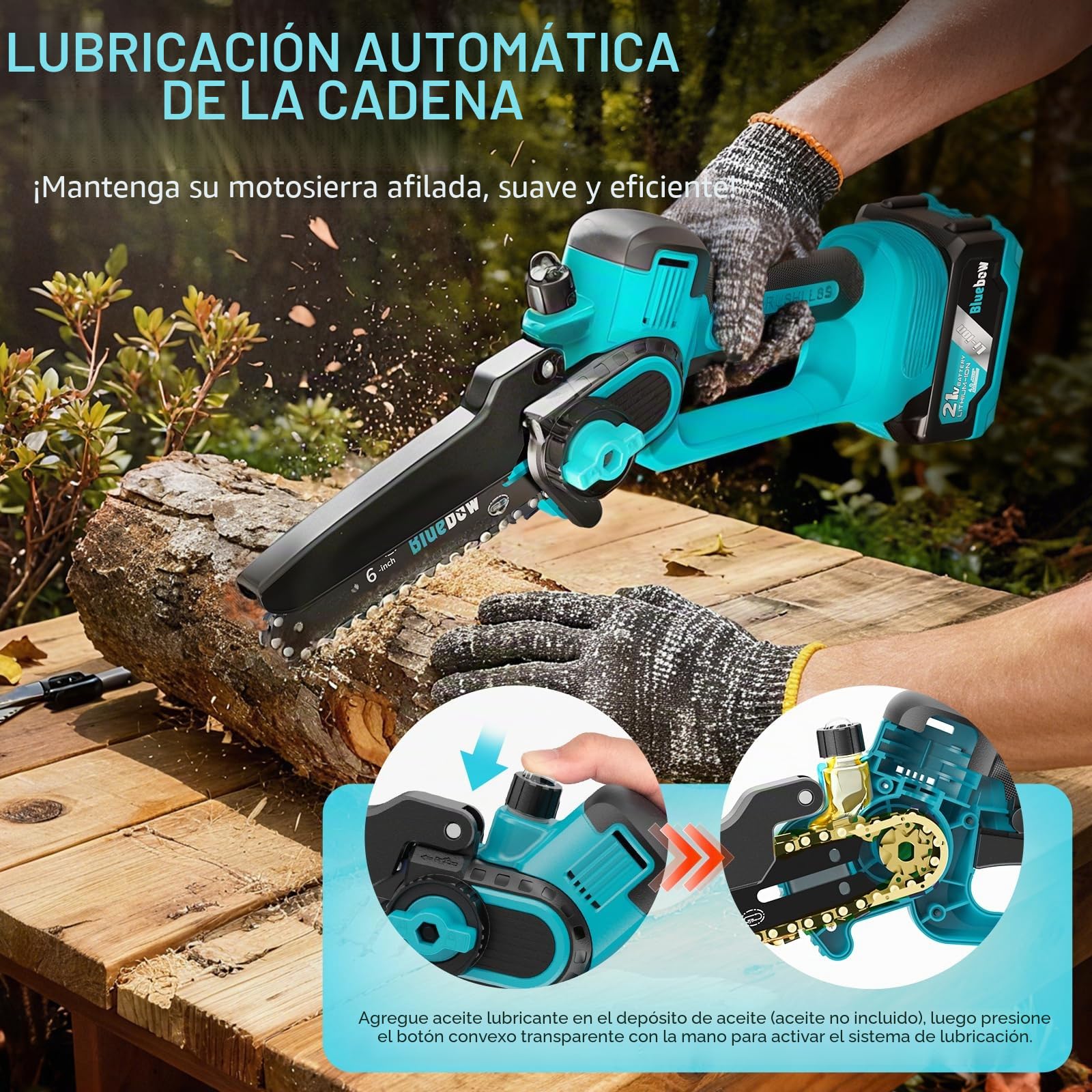 Mini motosierra inalámbrica sin escobillas, sierra eléctrica de 6 pulgadas con sistema de engrasador, motosierra con 2 baterías de 4000 mAh, motosierra pequeña con bloqueo de seguridad para cortar