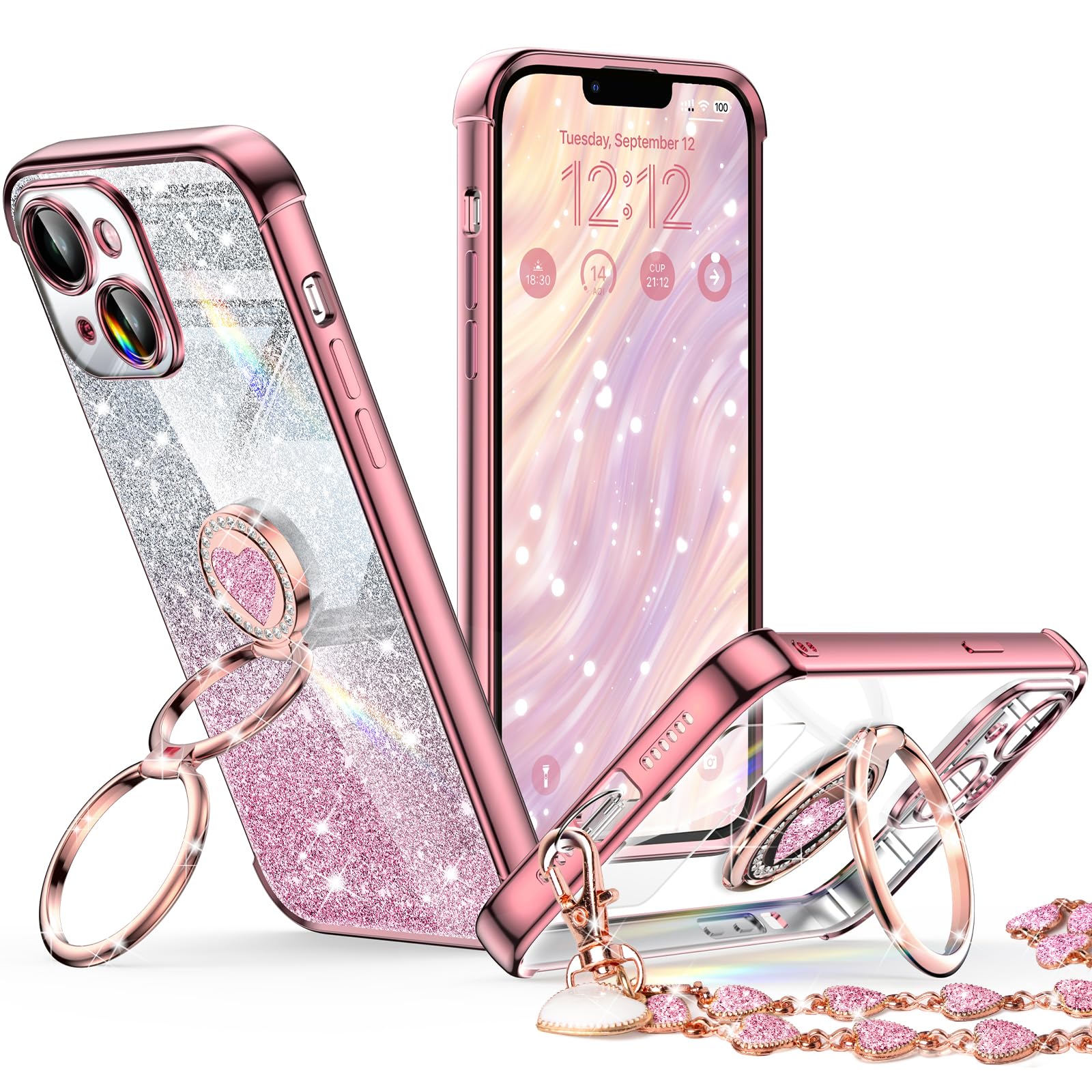 XYZ for iPhone 13 Mini Case with Stand, Phone Case with Double Ring Kickstand, Women Girls Bling Luxury Glitter Clear Phone Case Cover Heart for iPhone 13 Mini, Rose Gold