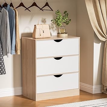 Housoul 3 Drawers Dresser, Fabric PU Drawer with Wood Frame, Large Organizer, Small Dresser with Drawer, Chest of Drawers for Closet, Living Room,Hallway,Oak and White
