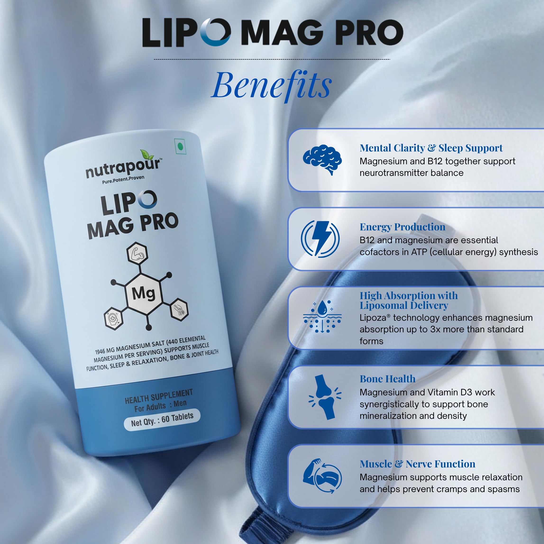 Lipo Mag Pro 1946mg India's First triple Magnesium Complex with Liposomal Technology |Supports Muscle Relaxation, Energy, Nervous System & Bones | Vitamin B12 & Vegan Vitamin D3, 60 Tablets — Amazon image 6