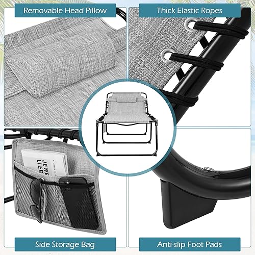 Miniatura 5 de Giantex Silla de descanso para exteriores, silla de bronceado plegable con 4 posiciones ajustables, reposacabezas extraíble, reposapiés, bolsillo