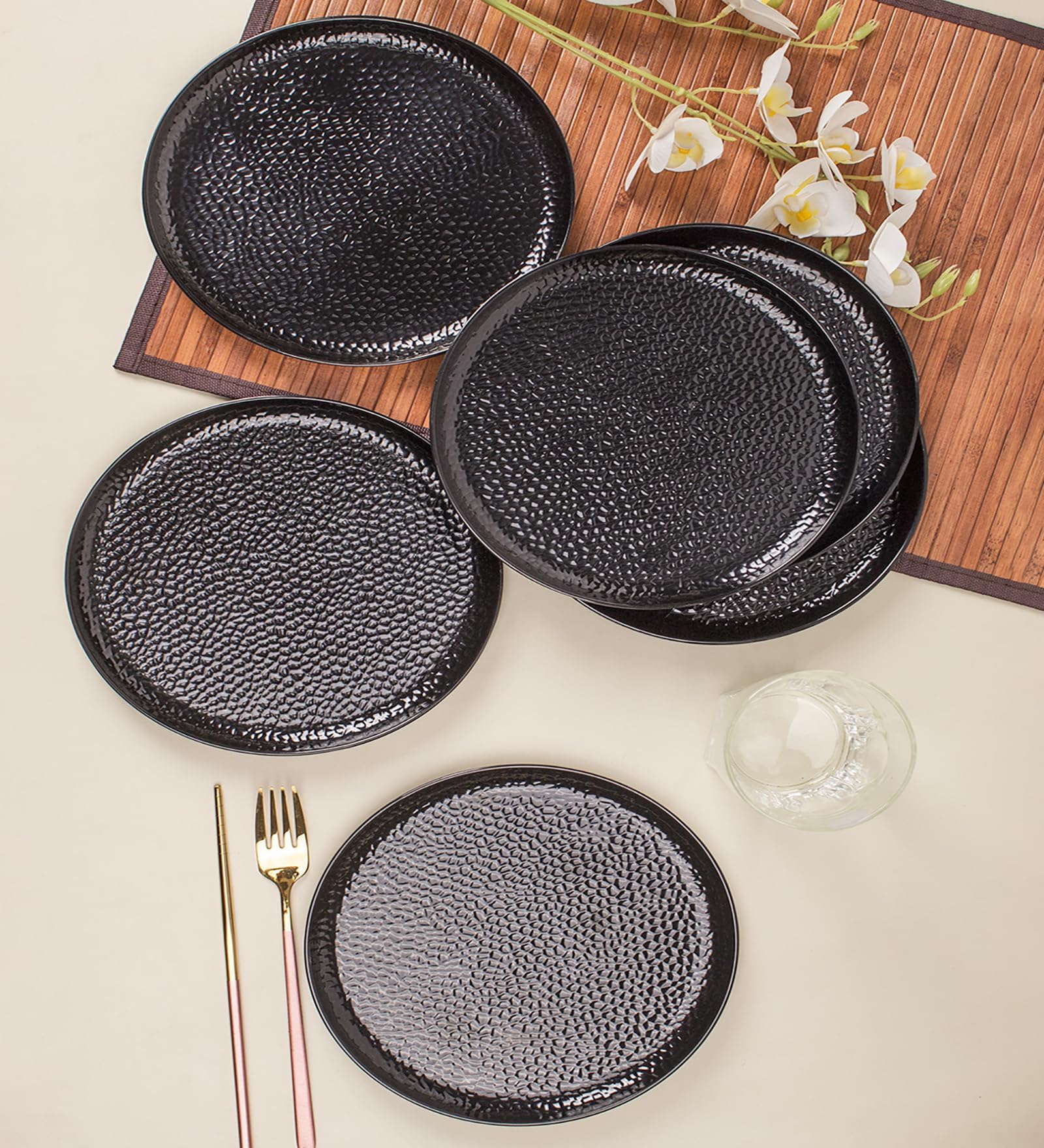 Market99 Round Quarter Plates, Dinner Set, Hammered Melamine, Black, Pack of 6