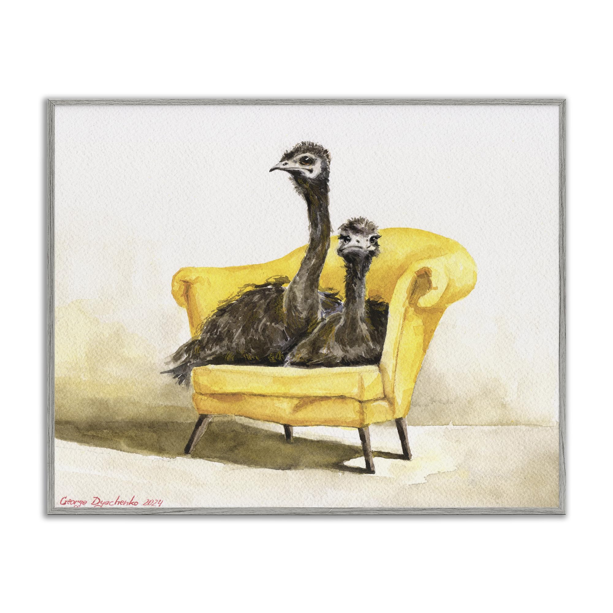Stupell Industries Funny Ostriches on Yellow Chair Gray Framed Giclee Art, design by George Dyachenko, 16 x 20