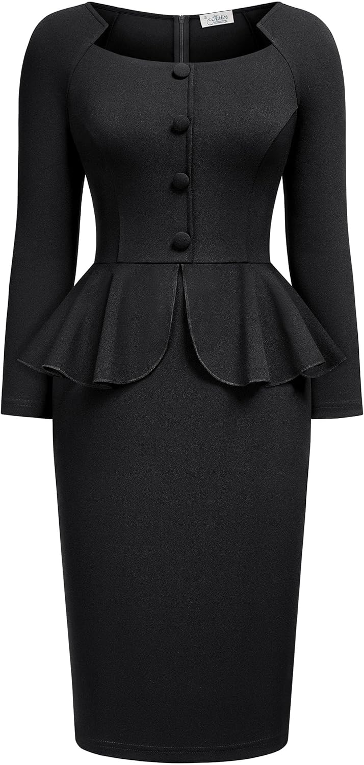 AISIZE Women's Vintage Square Neck Long Sleeve Peplum Cocktail Party Dress - Image 3