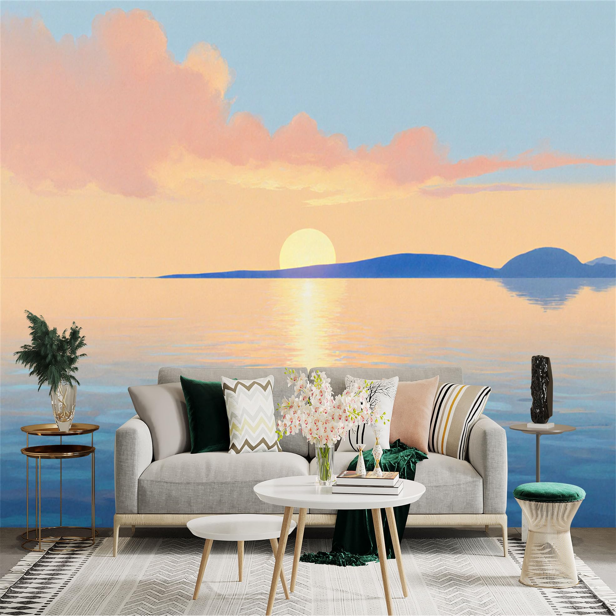 Lnzczhyre Xc260505692 Custom Size Wall Sticker Mural， Calm Ocean Sunset， Golden Horizon With Clouds， Serene Seascape Reflection， For Wall Decoration， Peelandstick Wall Decals.