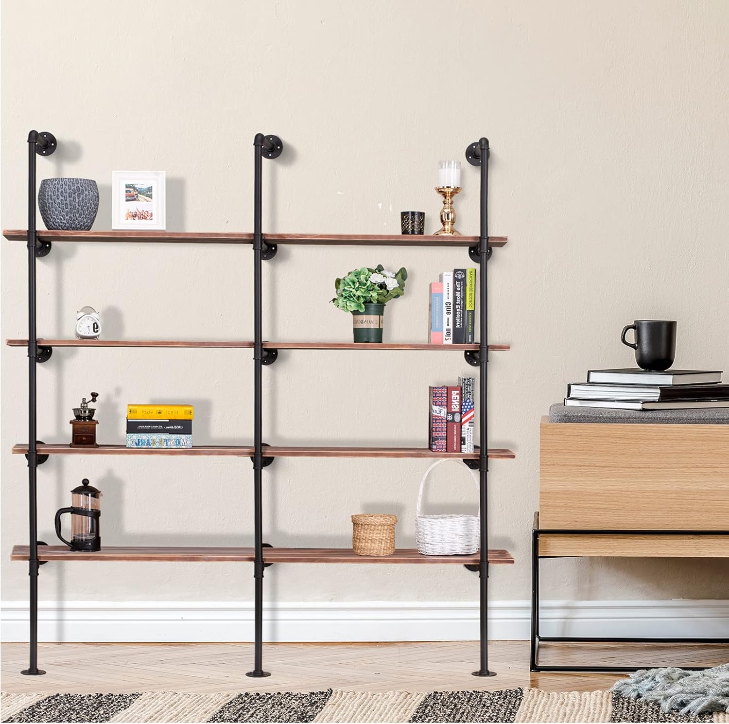 Limited Stock Pynsseu Industrial Iron Pipe Shelf Wall Mount, Farmhouse DIY Open Bookshelf, Pipe Shelves for Kitchen Bathroom, bookcases Living Room Storage, 3Pack of 5 Tier