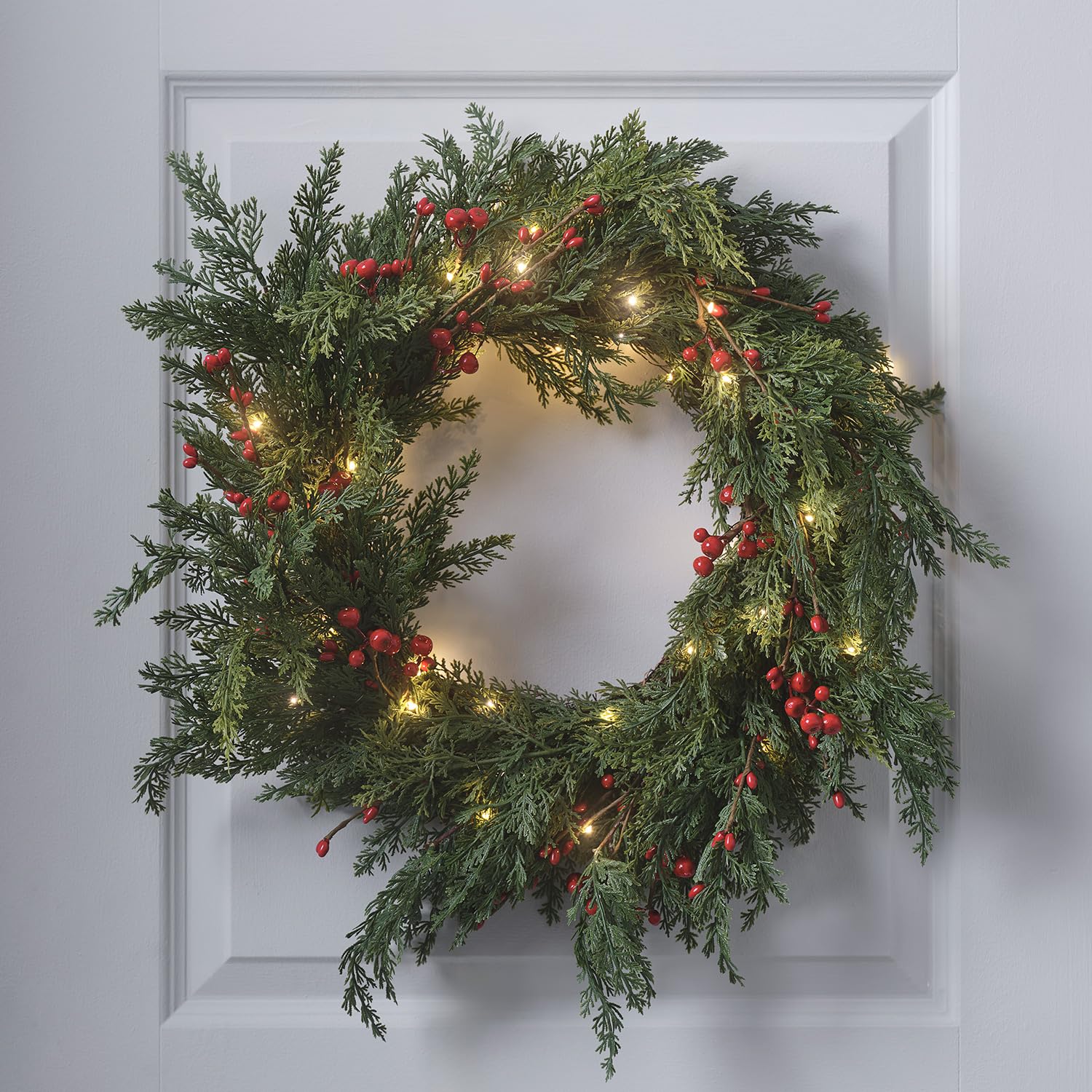 Lights4fun Green With Red Pre Lit Red Berry Wreath Combines Abundant Greenery And Sparkly Fairy Lights
