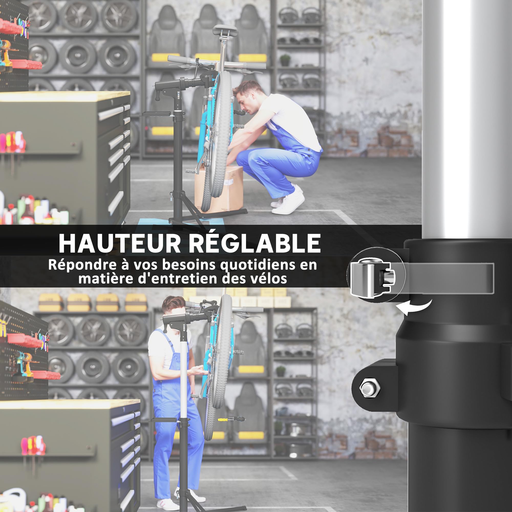 HOMCOM Pied d'atelier vélo pliable, support de réparation de vélo, hauteur réglable 107-160 cm, pince rotative à 360°, pour vélo de route, VTT, vélo électrique, noir