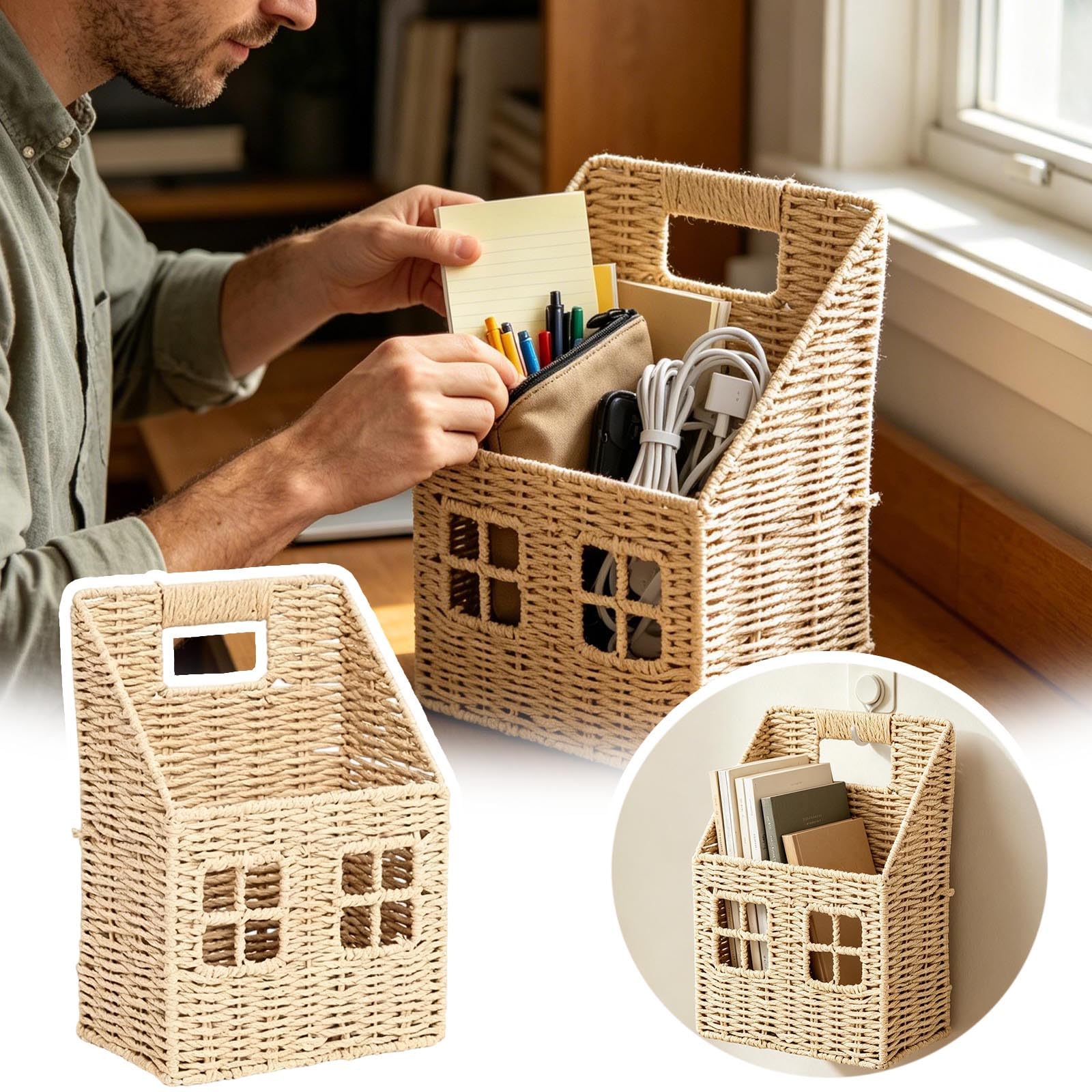 Cesta de pared tejida, versátil organizador de pared tejido a mano, cesta colgante de fibra decorativa, soporte de juguetes para cocina, sala de estar, dormitorio, jardín, oficina (2)