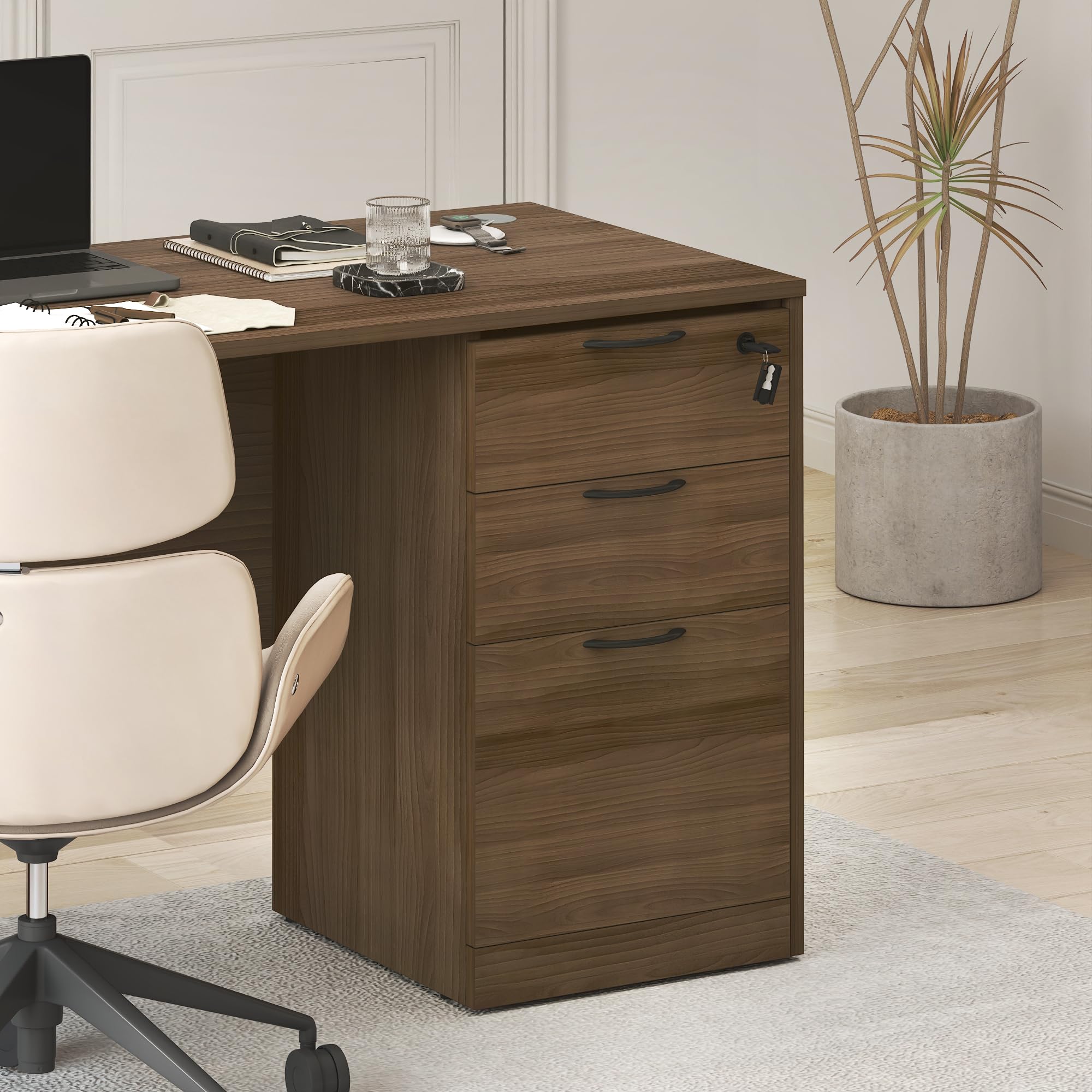 Furinno Roger File Cabinet, 3-Drawer Fixed Pedestal Filing Cabinet with Lock, Soft-Close Drawers with Drawer Organizer, for Home Office, Modern Walnut