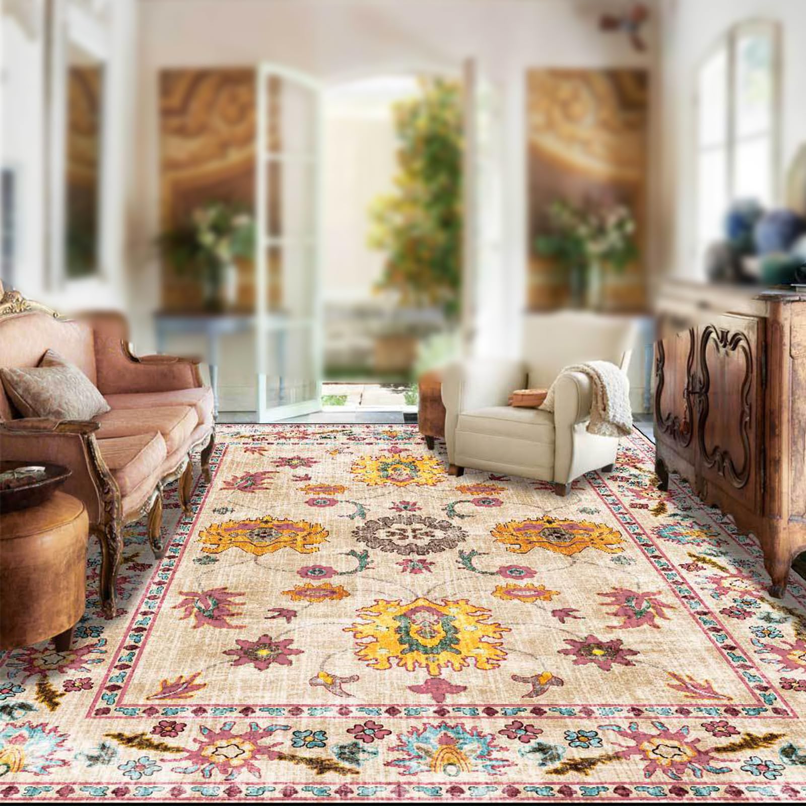 Tapis oriental multicolore 60x120 cm aux motifs floraux intenses orange et rouge