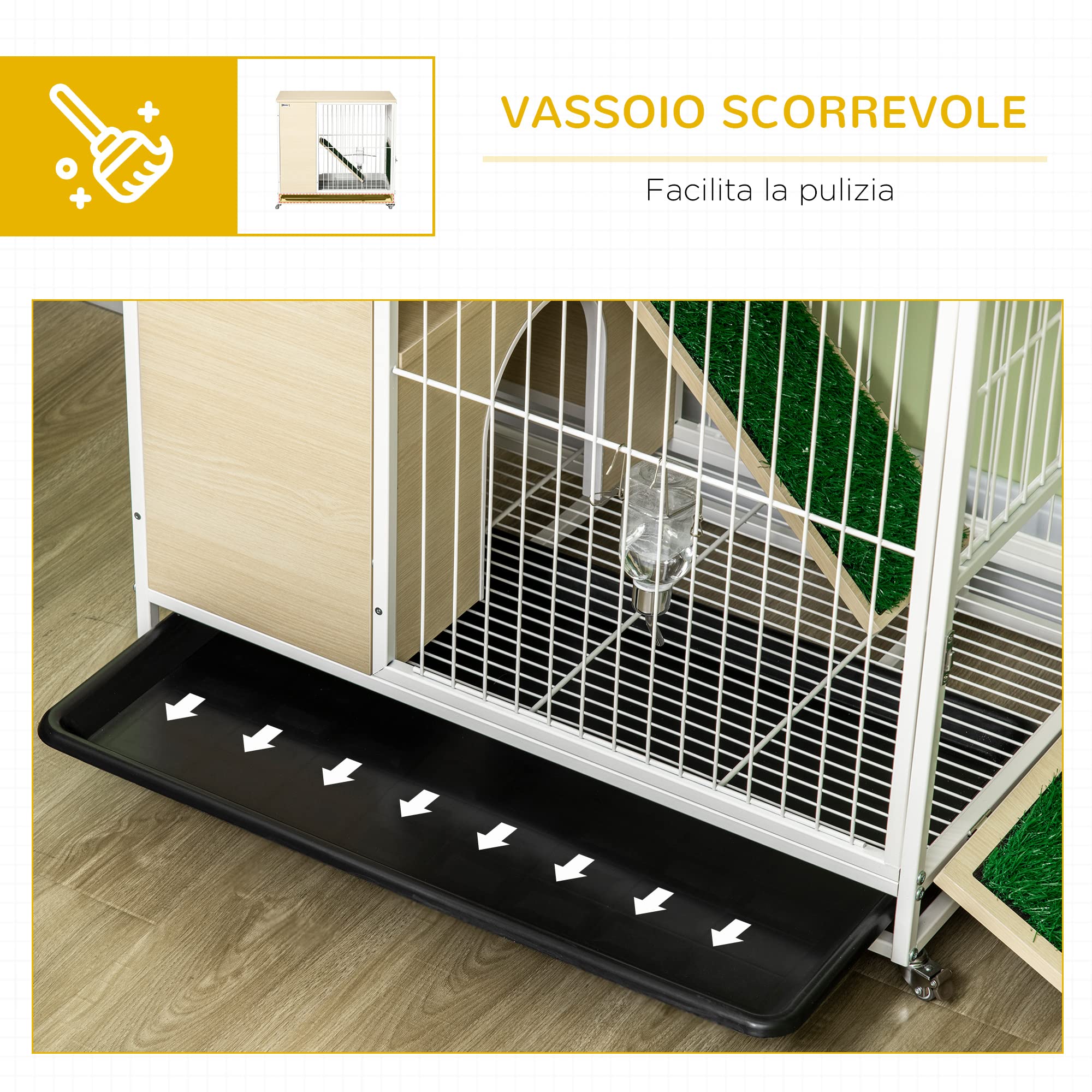 PawHut Gabbia per Conigli Serbatoio d'Acqua Color Rovere 78x52.5x76.5 cm | Vassoio Estraibile, Tavolino da Salotto, in Truciolato Acciaio e PVC