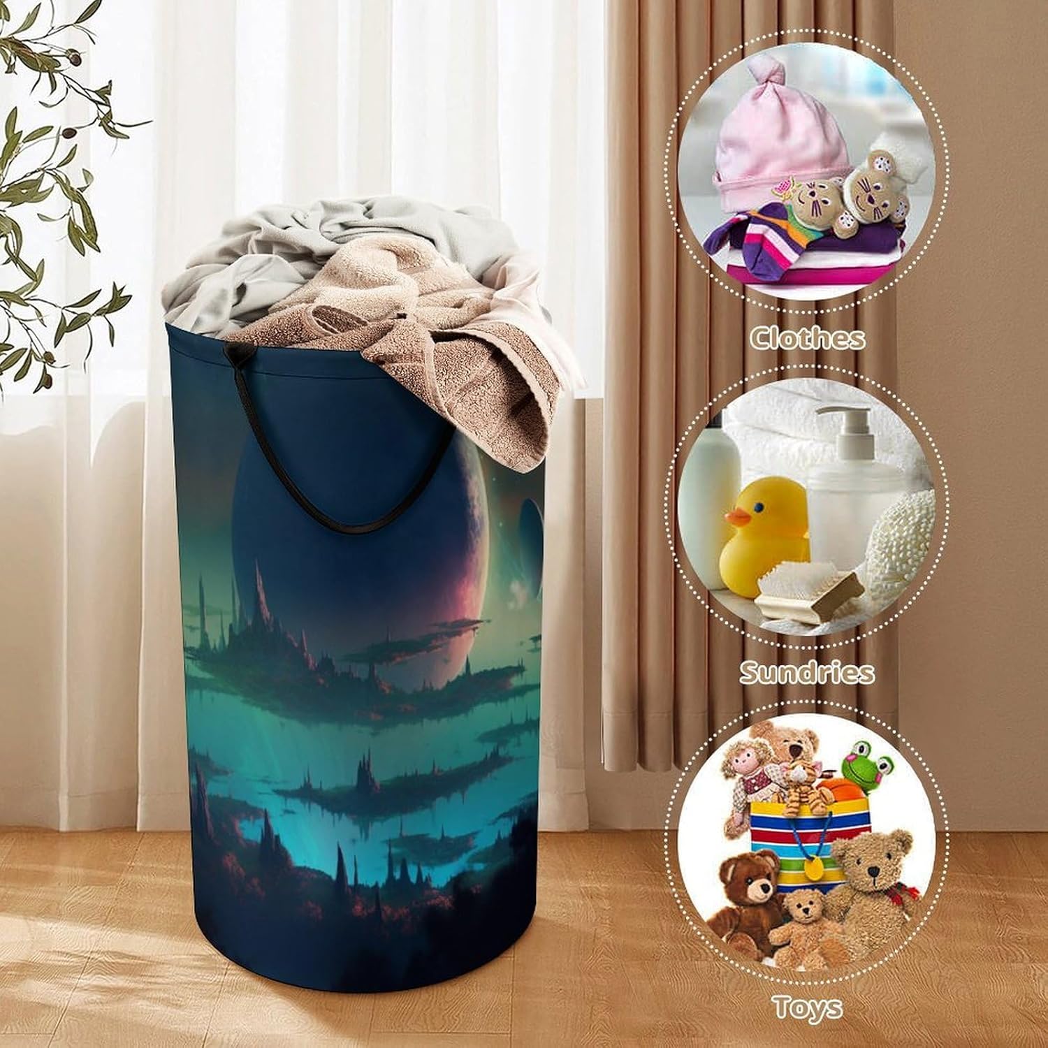 Art Planet World Laundry Basket Freestanding Laundry Hamper with Handles Waterproof Dirty Clothes Hamper Collapsible Washing Bin Aesthetic Clothes Basket for Bathroom Bedroom Dorm