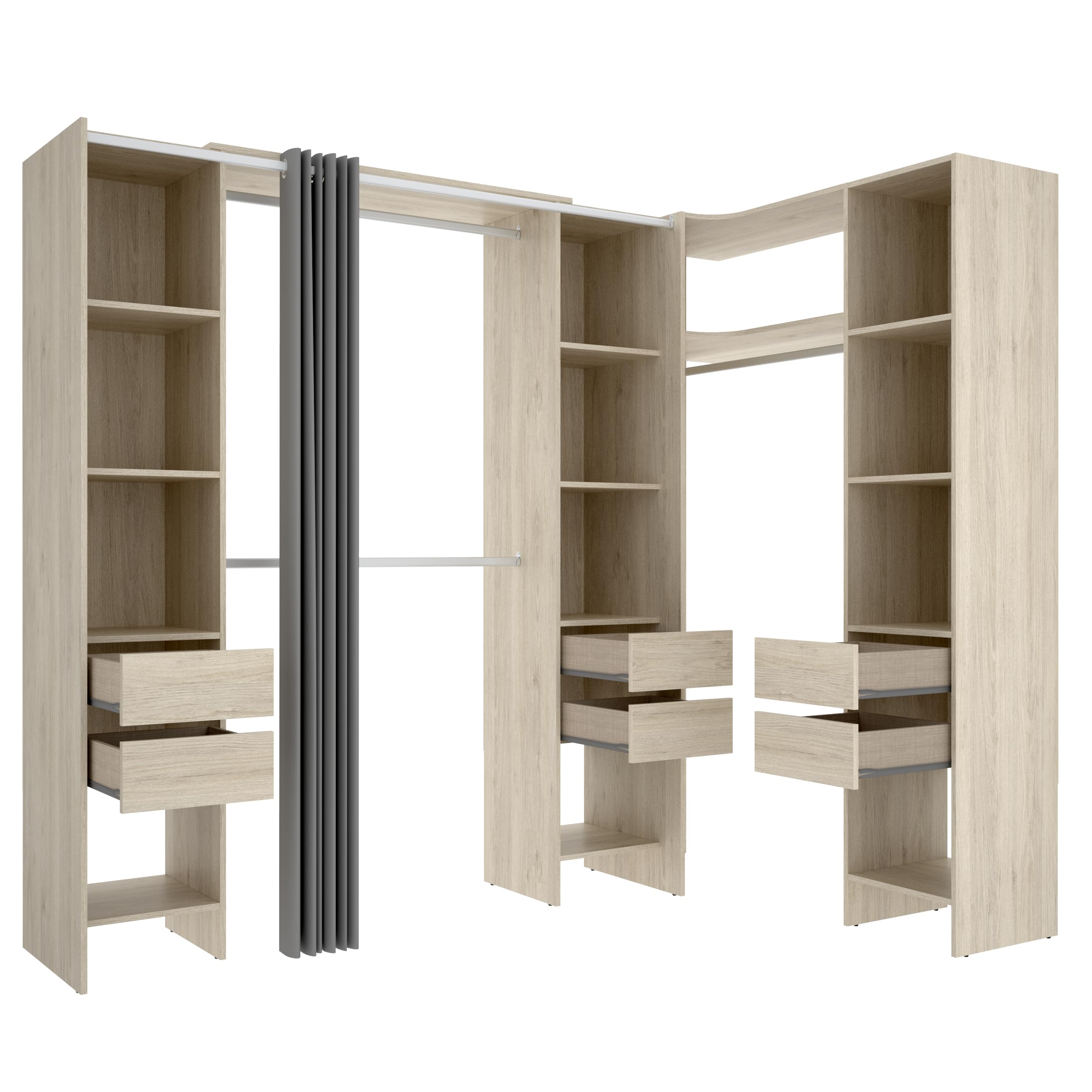 DEKIT GRUPO RIMOBEL SUIT - Composizione di Cabina Armadio angolare con due colonne, zona con barre appendiabiti e tenda – Rovere Naturale – 205 x 164-234 x 141 cm