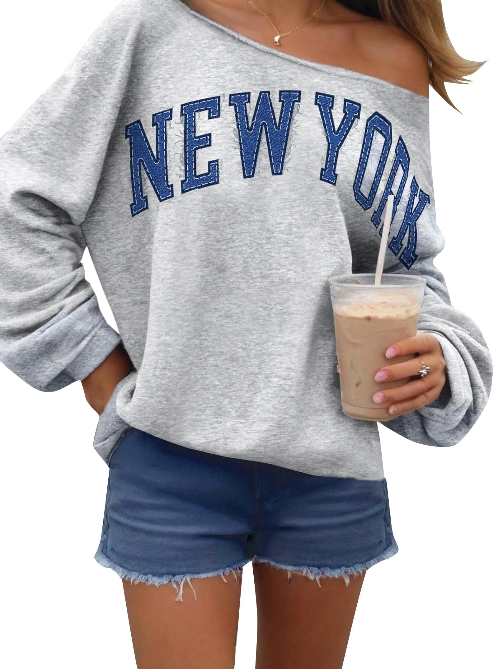 Remidoo Womens Off Shoulder Sweatshirt Drop Shoulder Oversized Long Sleeve Pullover Top, Gray-e, S