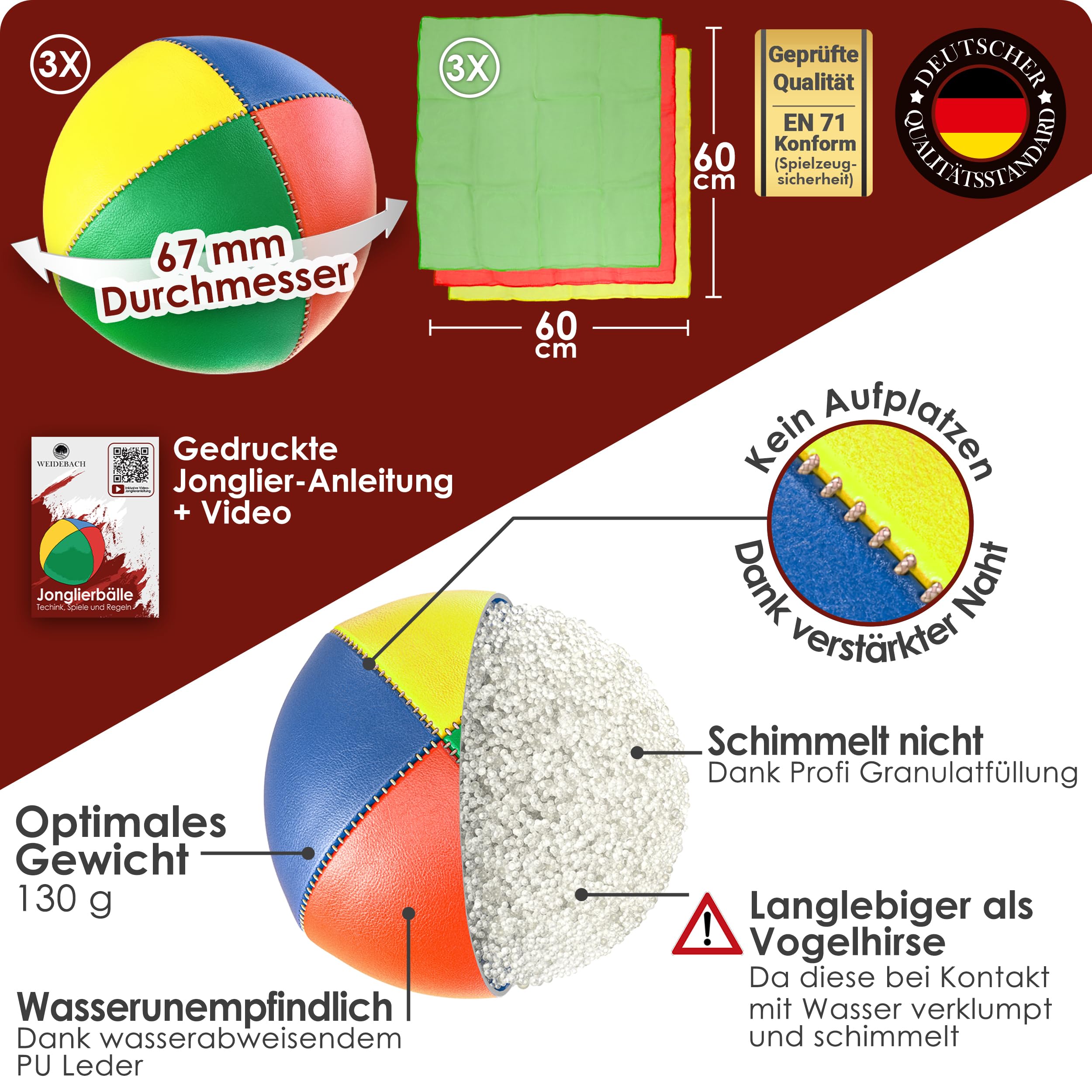 Weidebach® 3X Pelotas de Malabares de Calidad + 3 pañuelos, Ø 67 mm Pelotas para Principiantes, 130g, Resistentes al Agua, Pelotas de Malabares con Instrucciones, Profesional