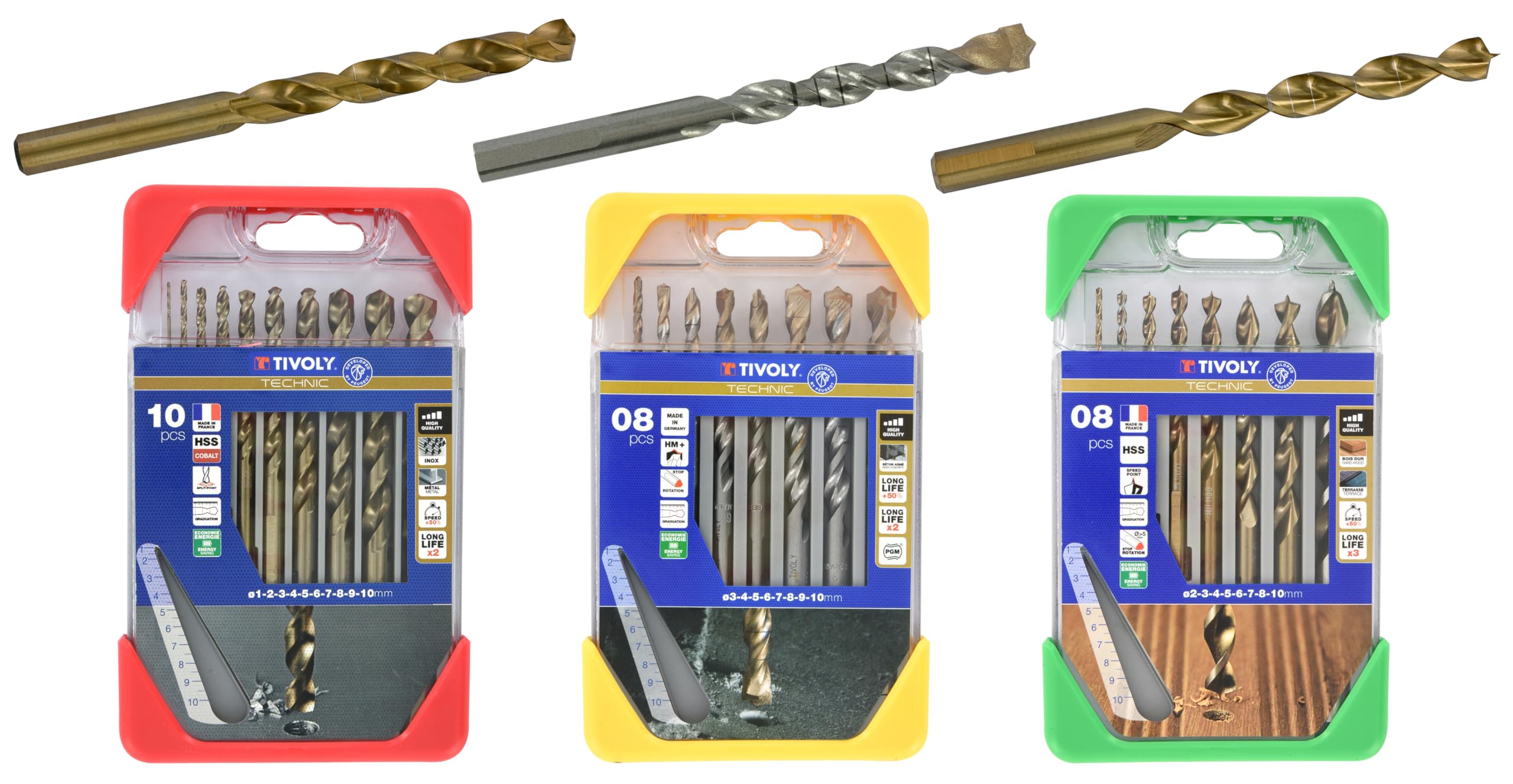 TIVOLY - Lot de 3 Coffrets Forets Haute Performance - Métal HSS Cobalt Ø1-10mm, Béton SLR Ø3-10mm, Bois HSS Bronze Ø2-10mm - Perçage Inox, Acier, Pierre, Granit, Bois - 26 Forets au Total
