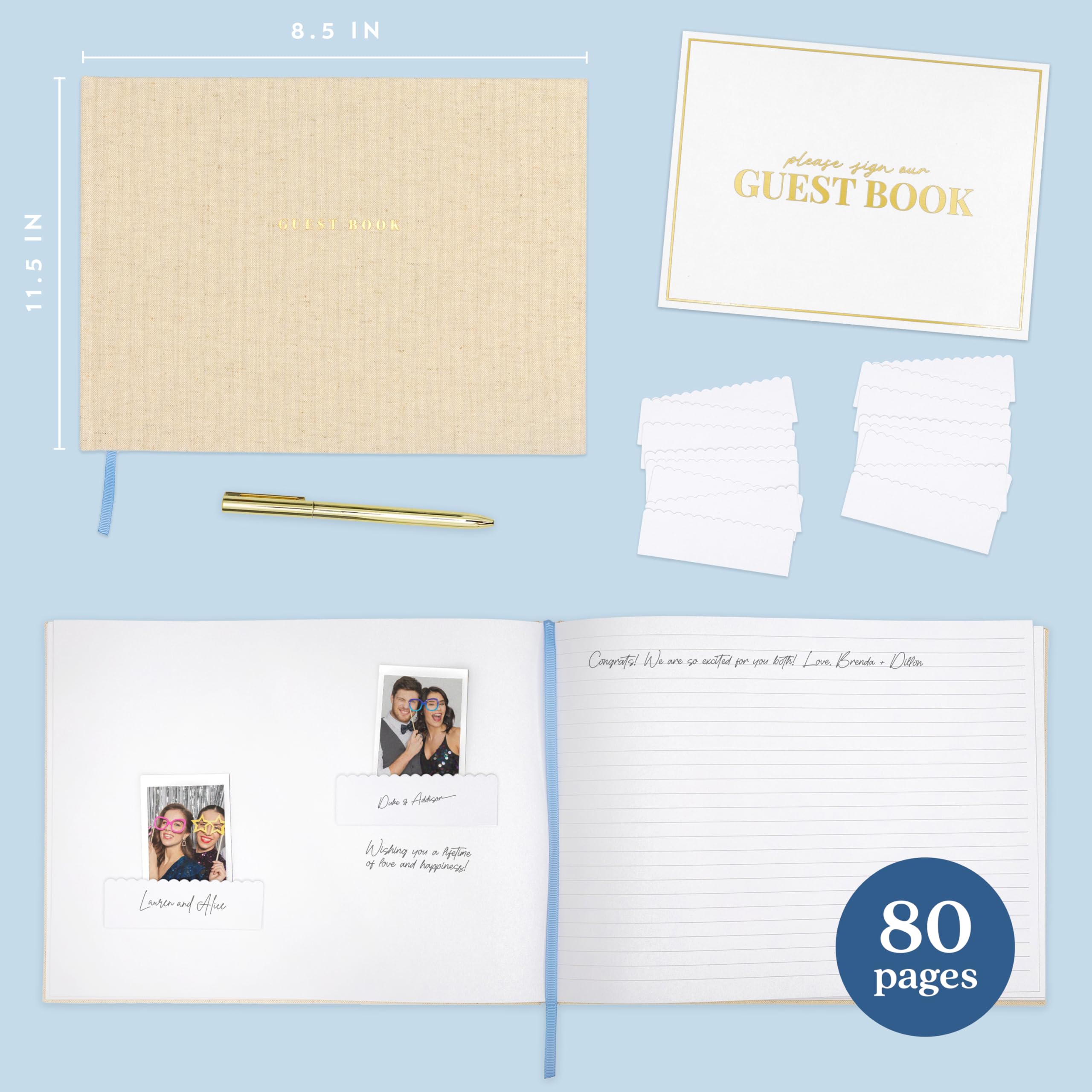 ELYN Linen Guest Book, Sign in Book for Wedding Reception, Birthday, Baby Shower & Events, Matching Gold Gel Pen, Photo Pockets & Table Sign, 80 Pages (Blank & Lined), Large, 11.5 in x 8.5 in (Blue)