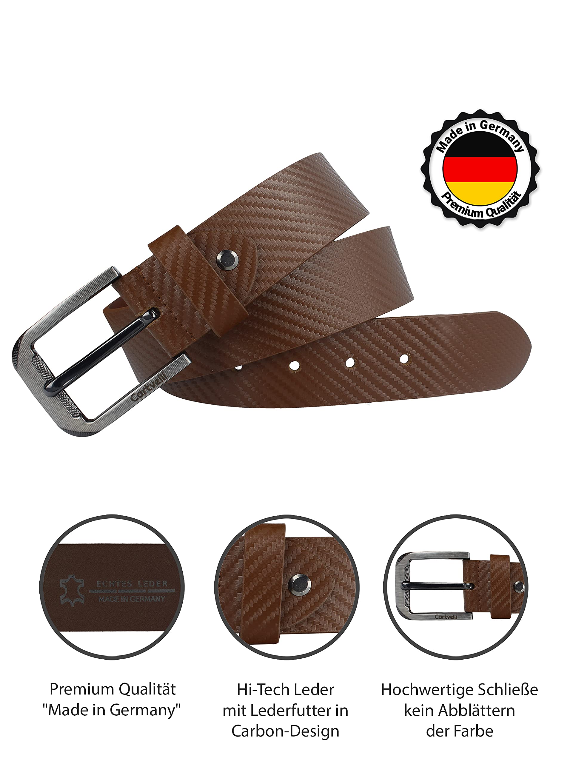 Ceinture en cuir véritable pour homme - 40mm - Fabriquée en Allemagne - Avec boîte cadeau - Ceinture pour homme (Carbon Cognac Marron,120cm)