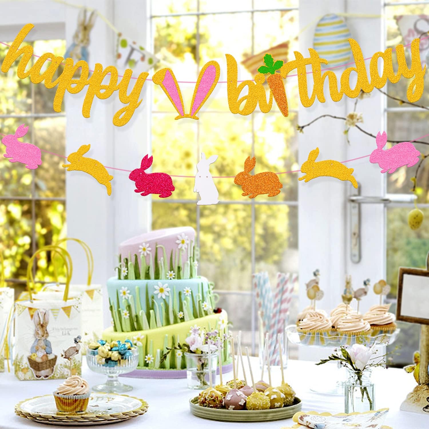 Bunny Birthday Banner Easter Bday Kit Rabbit Egg Theme for Children Girl Boy 1st 2nd Bday Spring Party Decoration Supplies