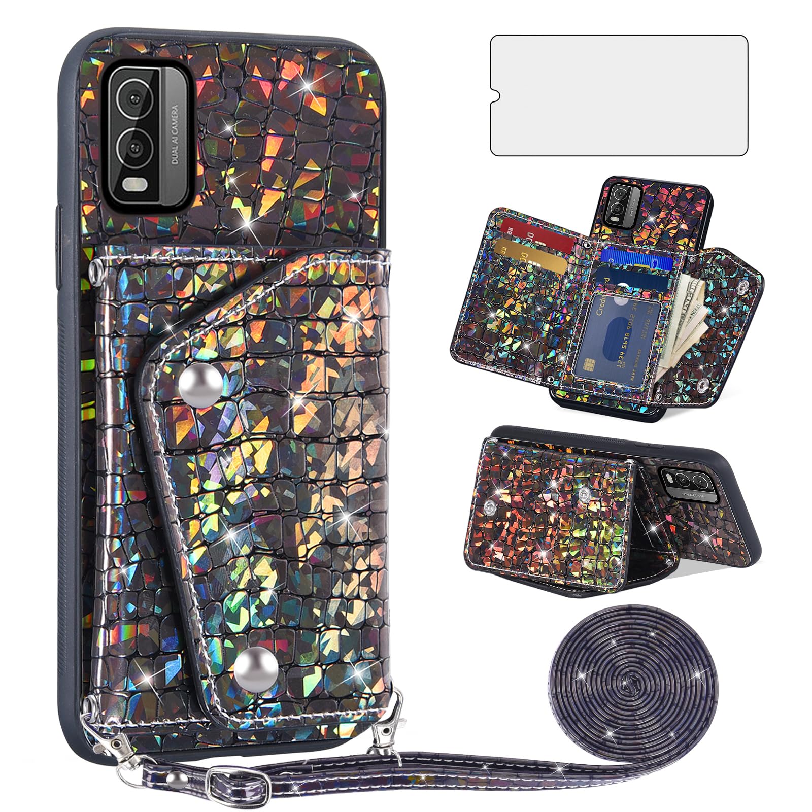 Asuwish Phone Case for Nokia C210 TA-1584 Wallet Cover with Tempered Glass Screen Protector and Credit Card Holder Stand Leather Bling Glitter Mobile