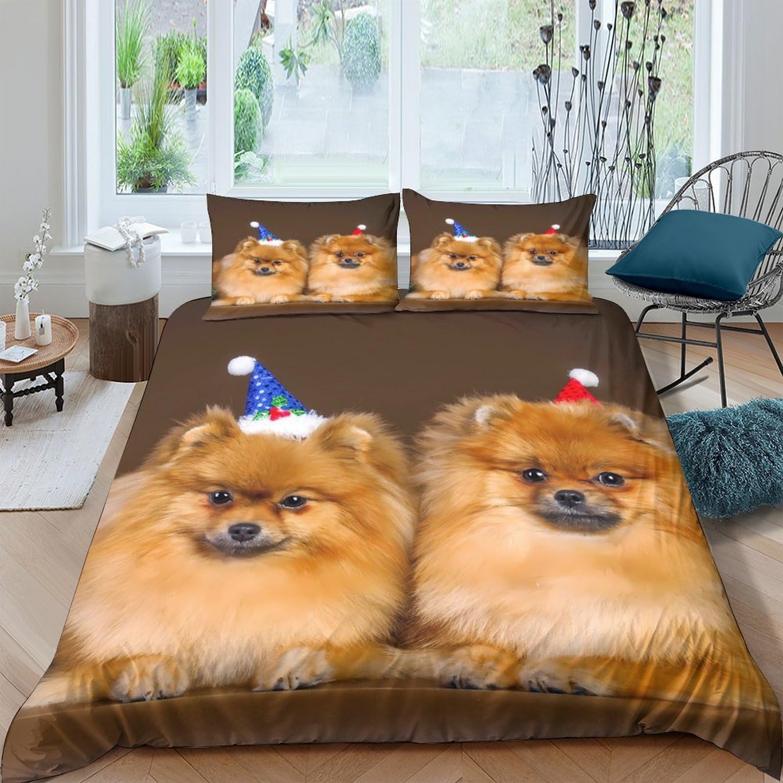 Ctjqhvkz Style-9 3D Printed Christmas Dog Fitted Sheet Microfiber Soft Brown Pomeranian Bed Cover For Bedroom Guest Room Decor Single（135X200cm）