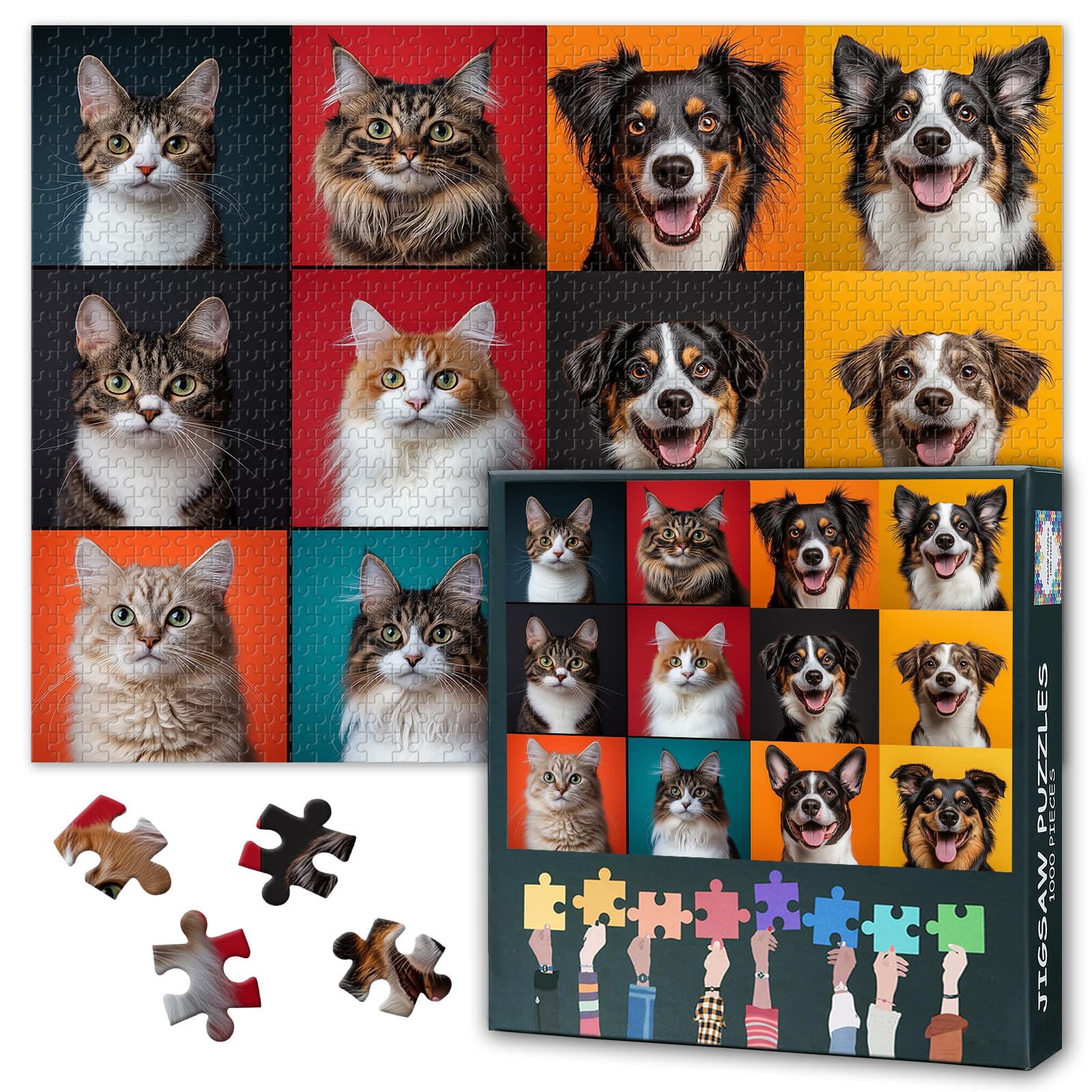 Animals Jigsaw Puzzles Profile Pictures of Dogs and Cats Puzzle Serious Cat and Happy Dog Adults 1000 Pieces Cute Pets Puzzle Different Breeds of Puppies and Cats Picture 50 x 70 cm