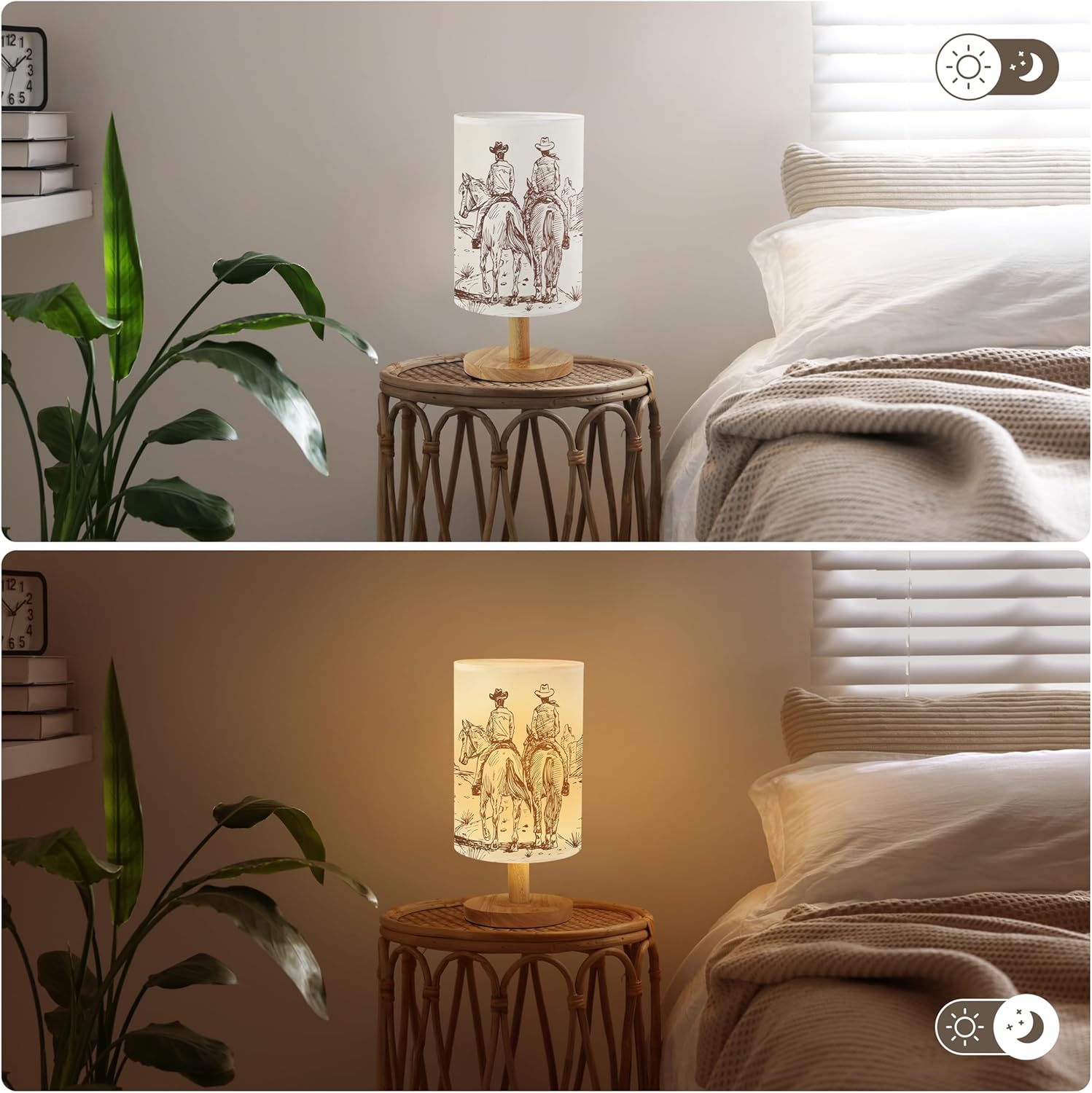 Western Cowboy Bedside Table Lamp for Bedroom with USB Port, Vintage Cozy Kids Nightstand Lamp with Wood Base Polyester Fabric Shade for Living Room Dorm Desk (Beige)